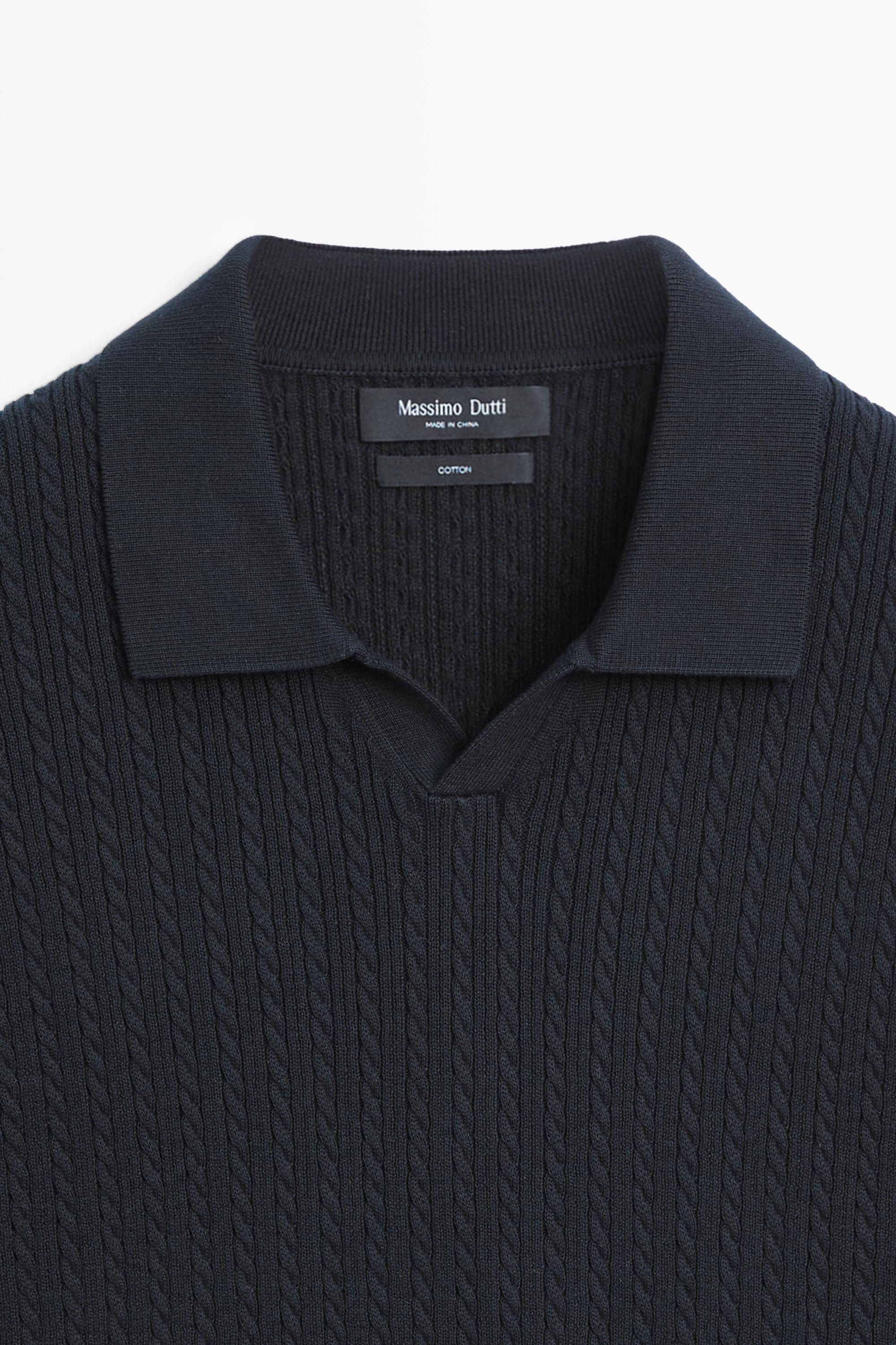 100% cotton cable-knit polo sweater — NAVY BLUE