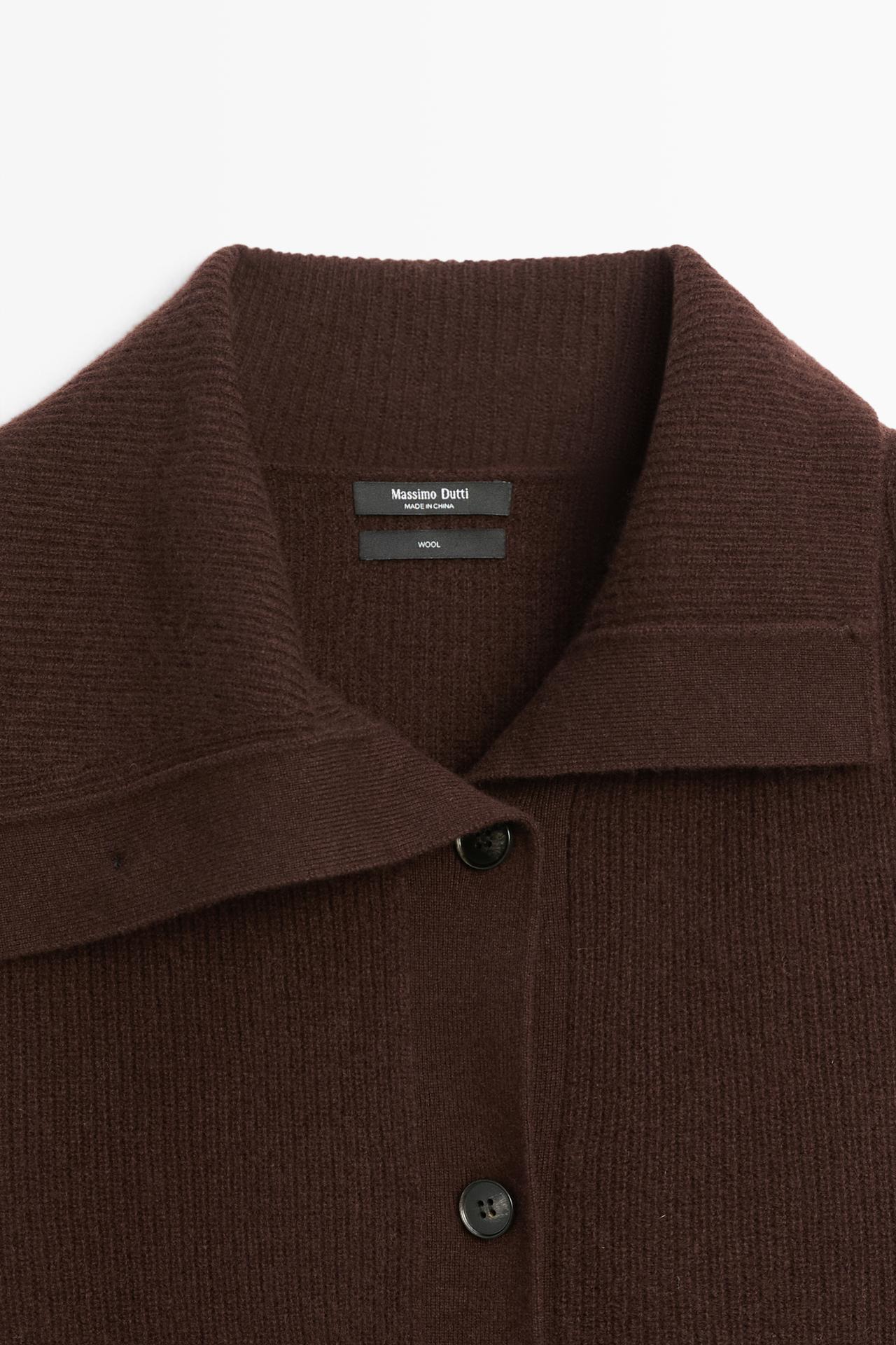 Purl knit cardigan with funnel neck — Chocolate