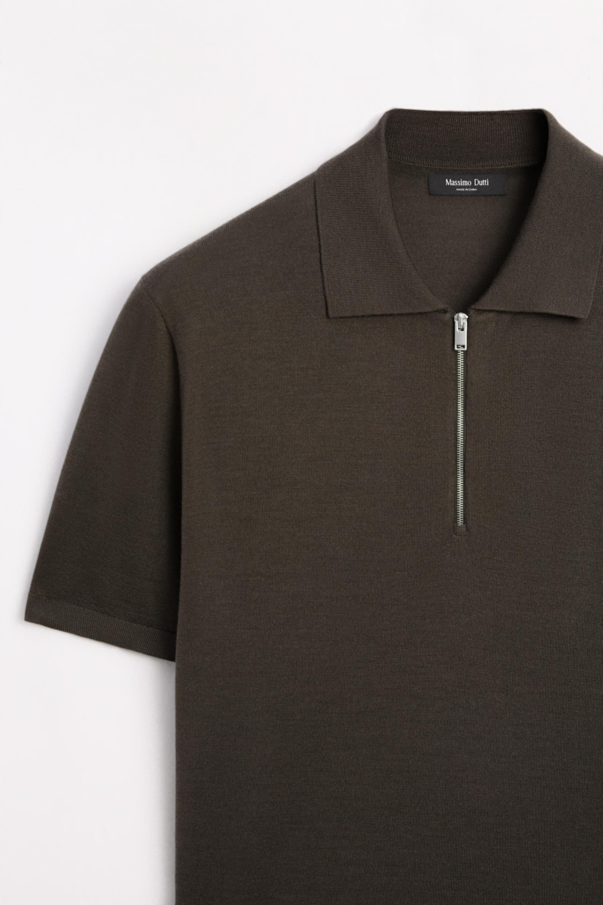 Wool blend zip-detail polo shirt — DARK KHAKI