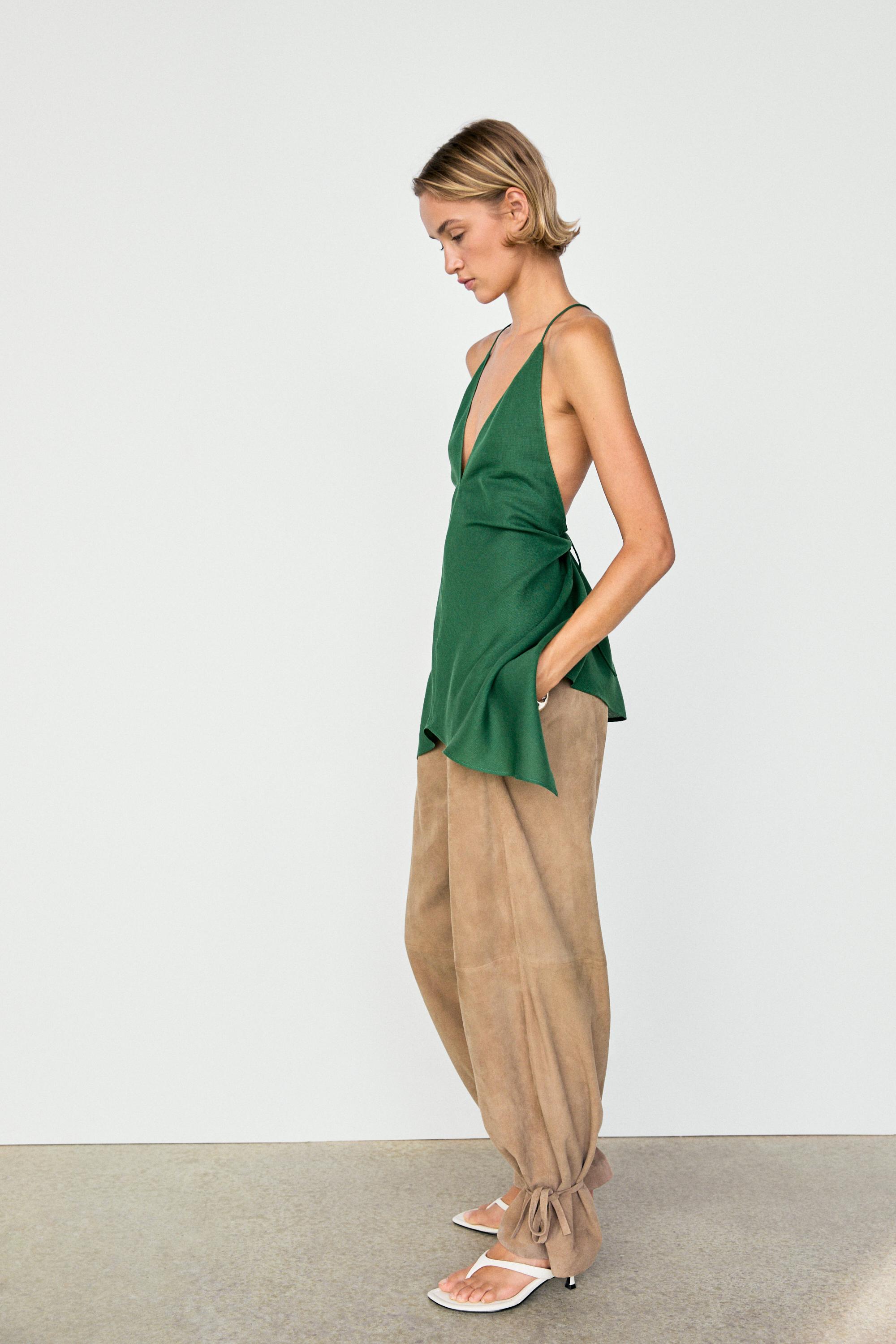 Asymmetric spaghetti strap top — BOTTLE GREEN