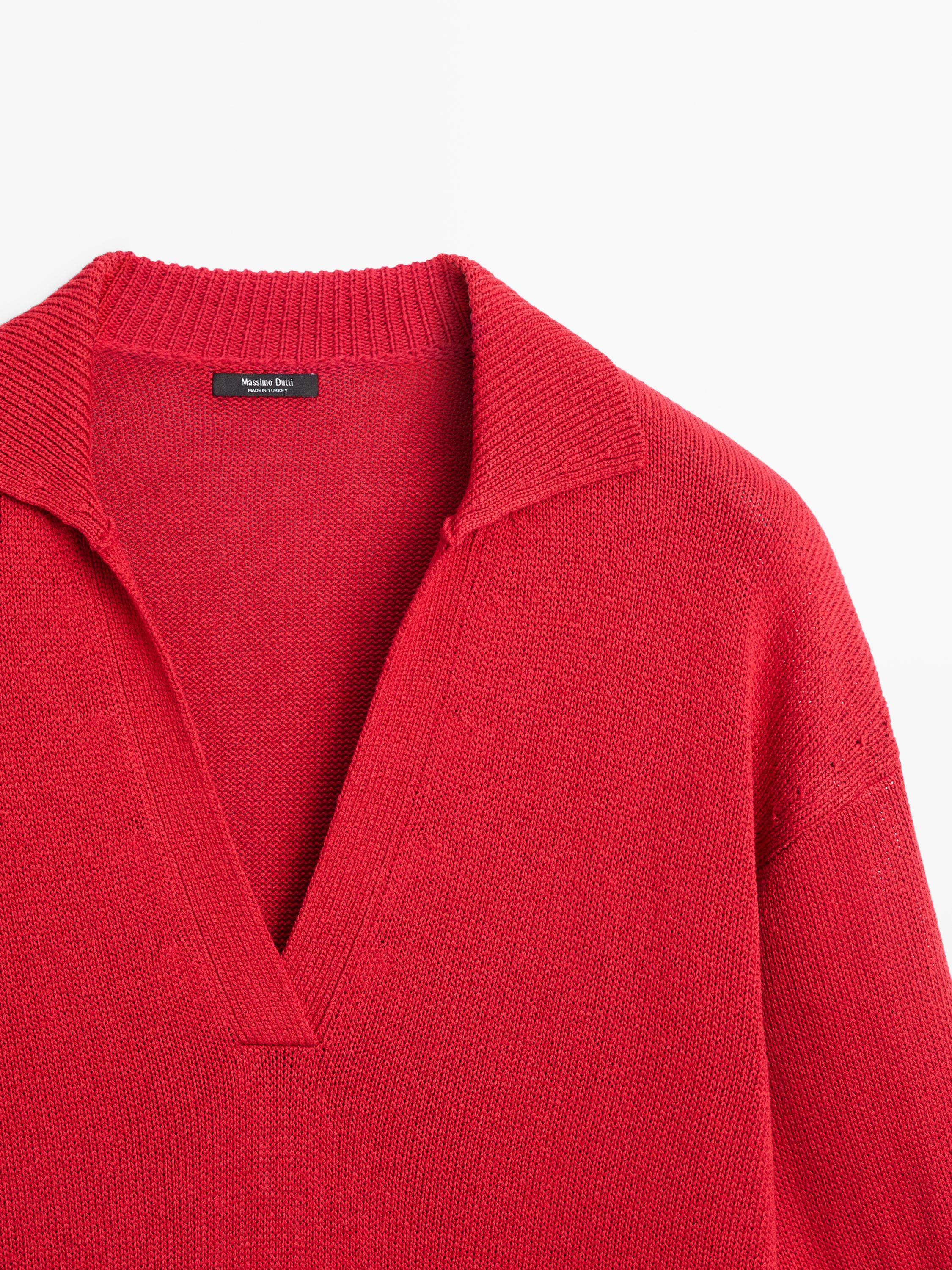 Flowing knit polo sweater — RED