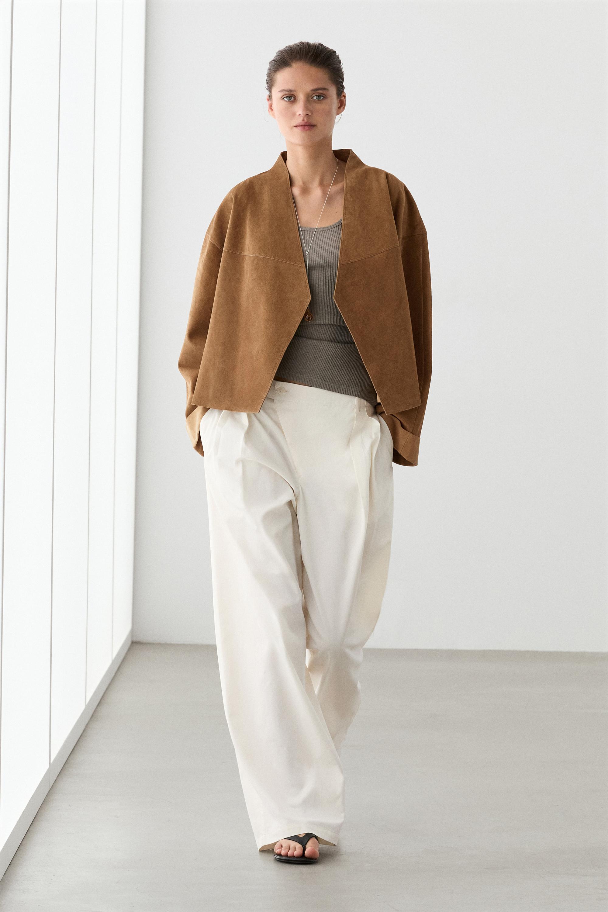 Short double-breasted suede leather jacket