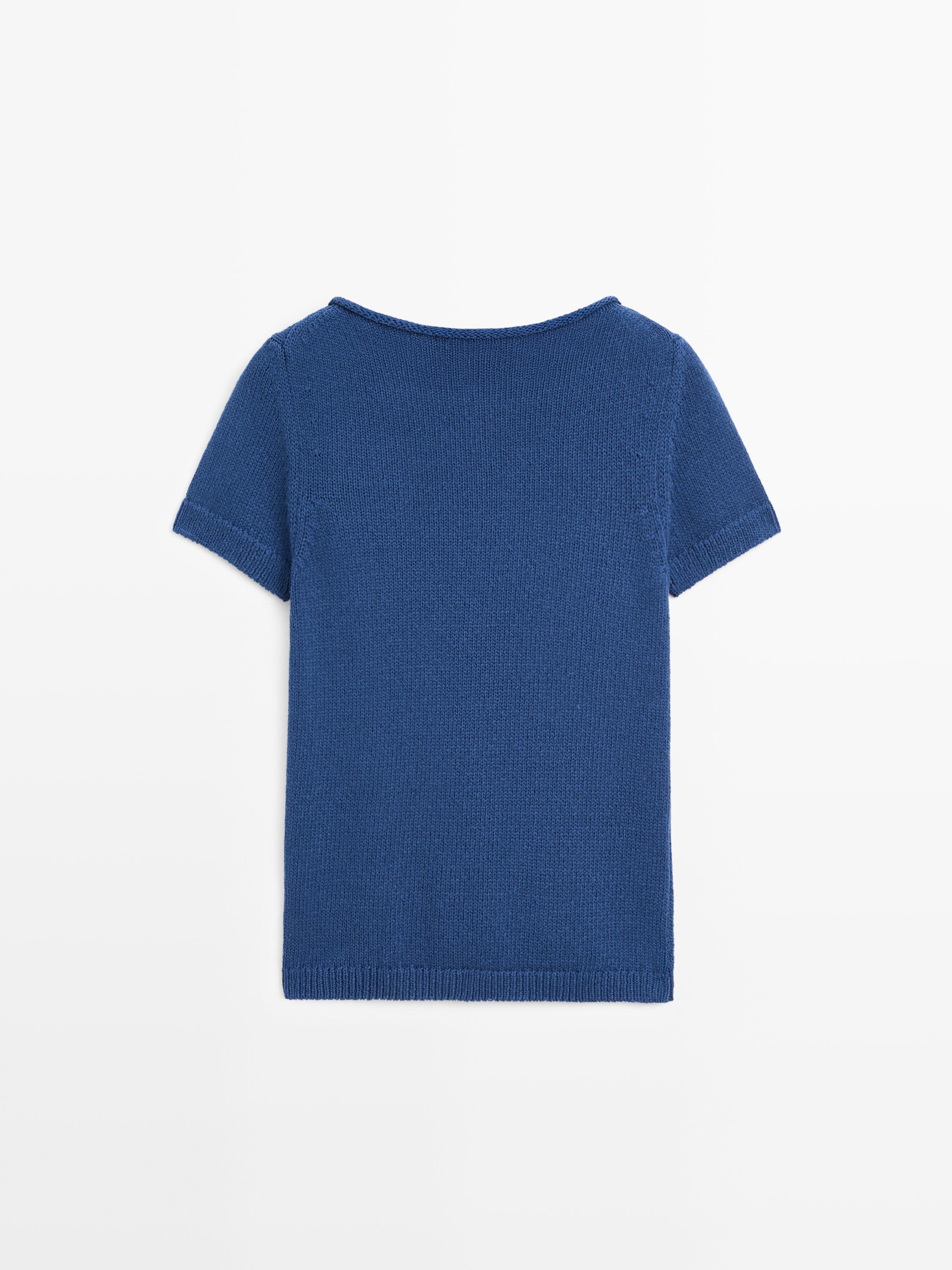 Short sleeve knit cotton blend sweater — DEEP BLUE