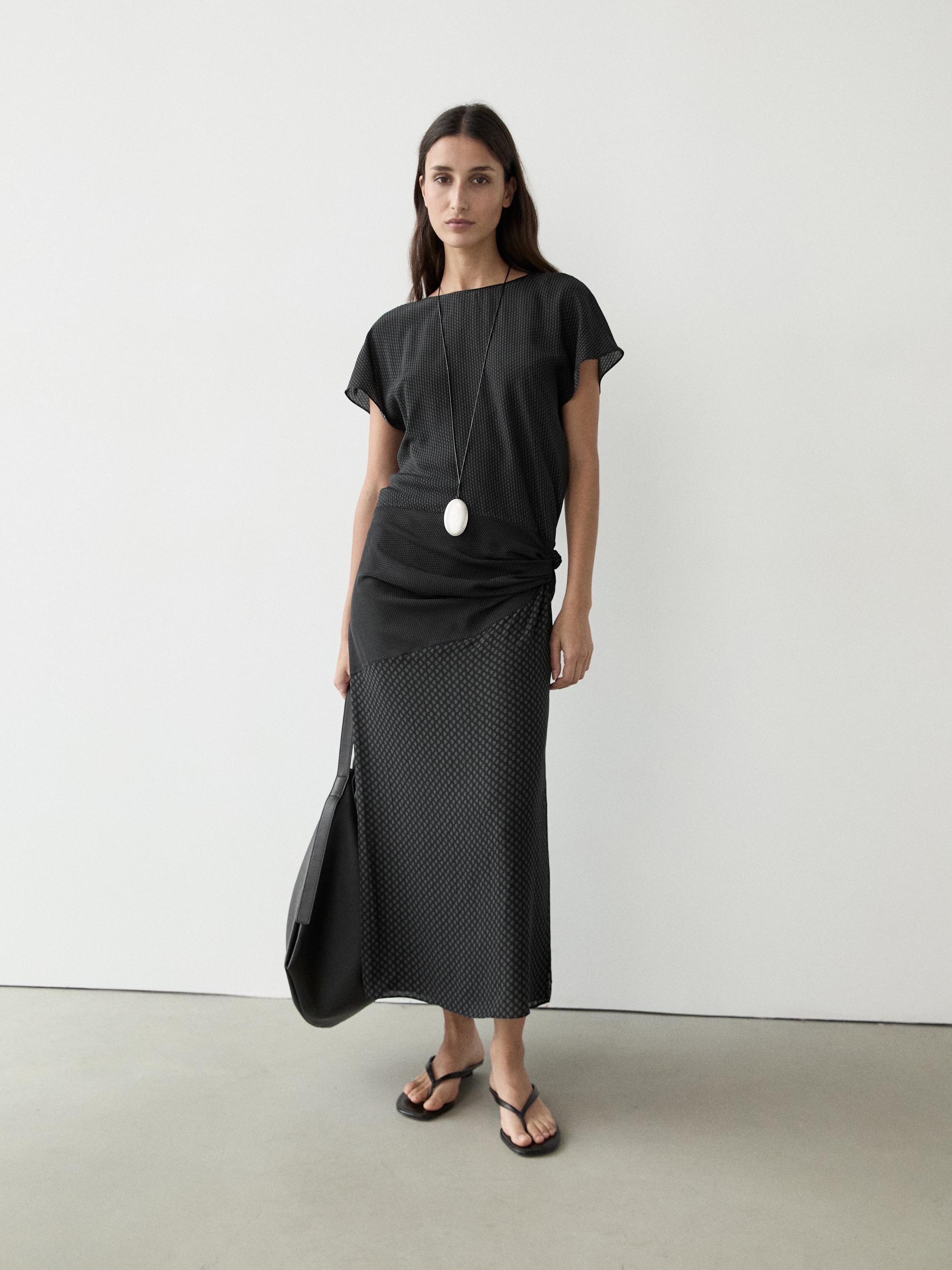 Long flowing printed dress with knot detail — BLACK