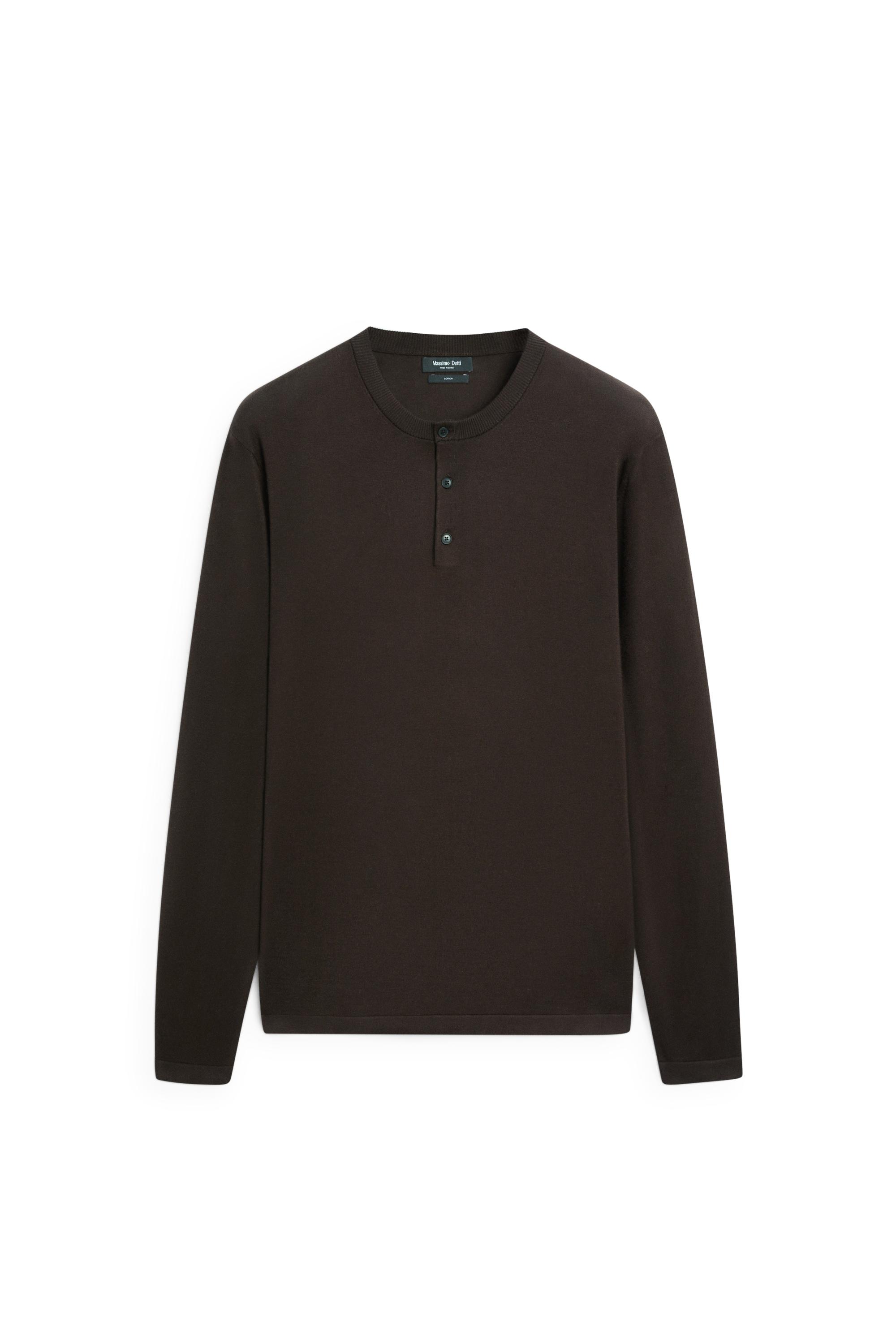 100% Cotton Henley Neck Knit Sweater — BROWN MARL