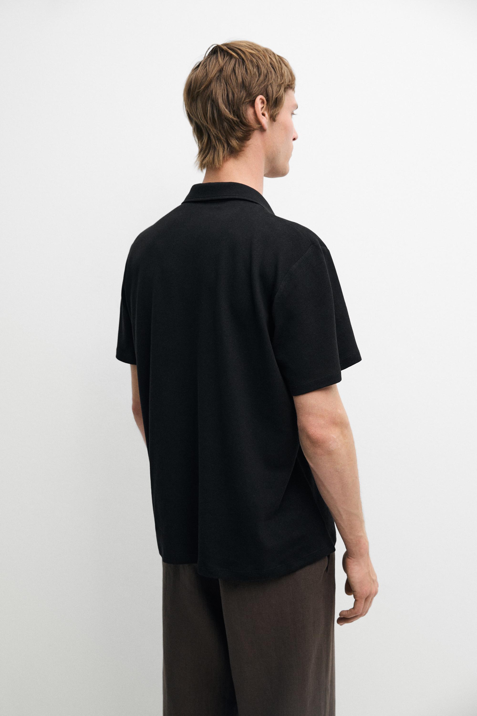 Regular fit short sleeve linen-cotton blend shirt — BLACK