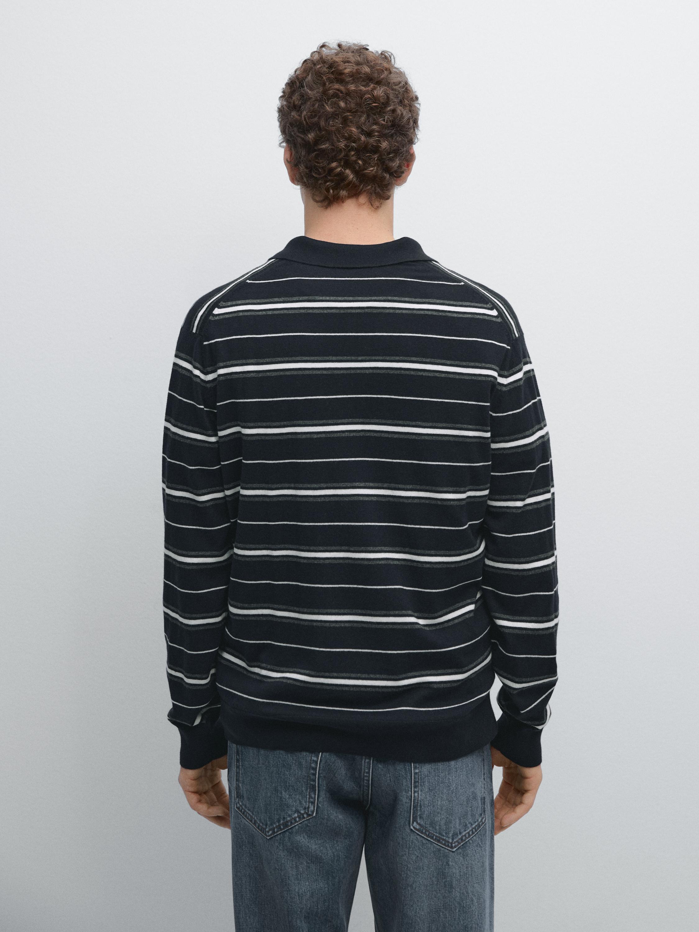 Cotton blend striped knit polo sweater — NAVY BLUE