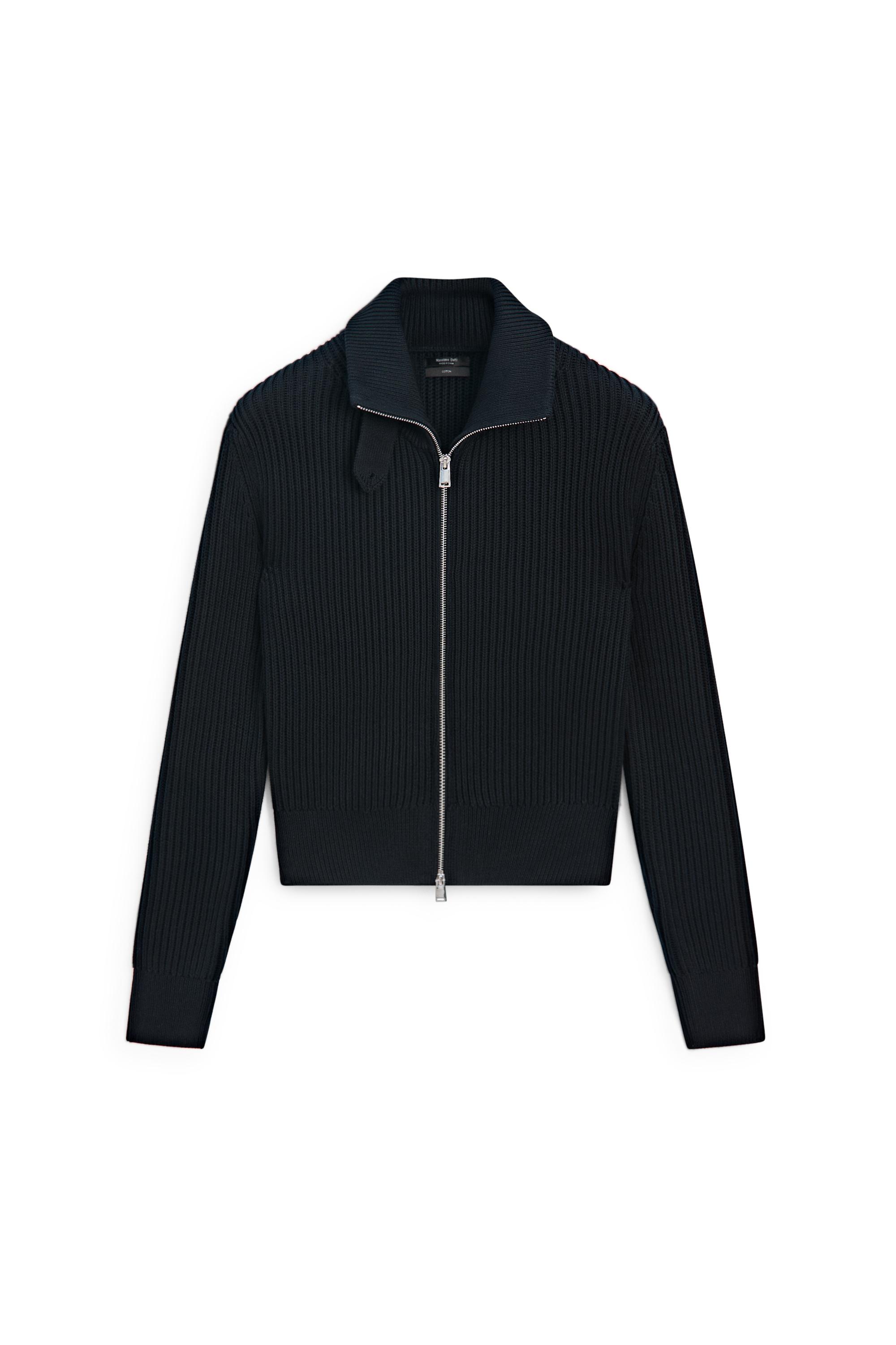 100% cotton knit cardigan with high neck detail — NAVY BLUE