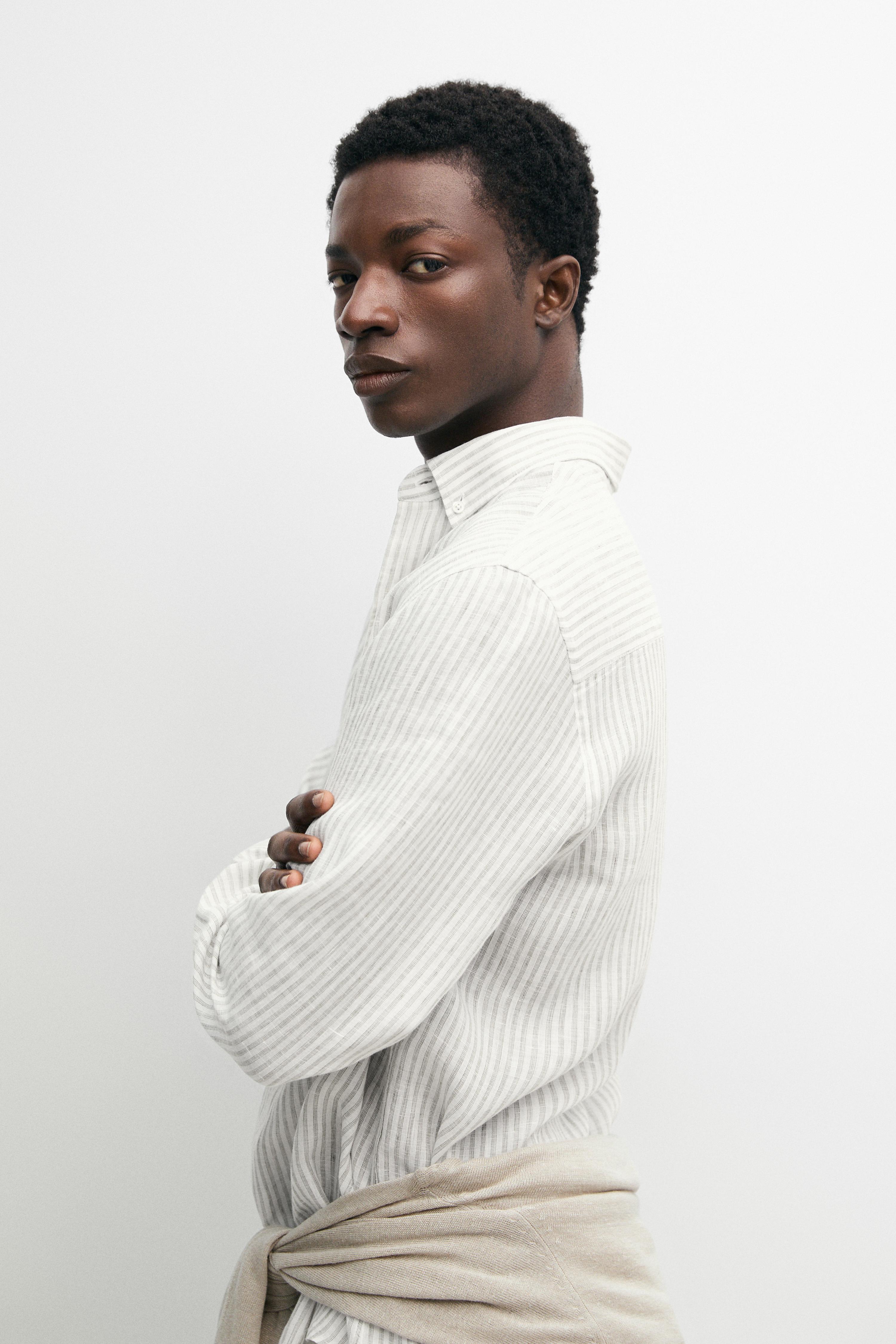 100% linen pinstriped slim fit shirt — GREEN