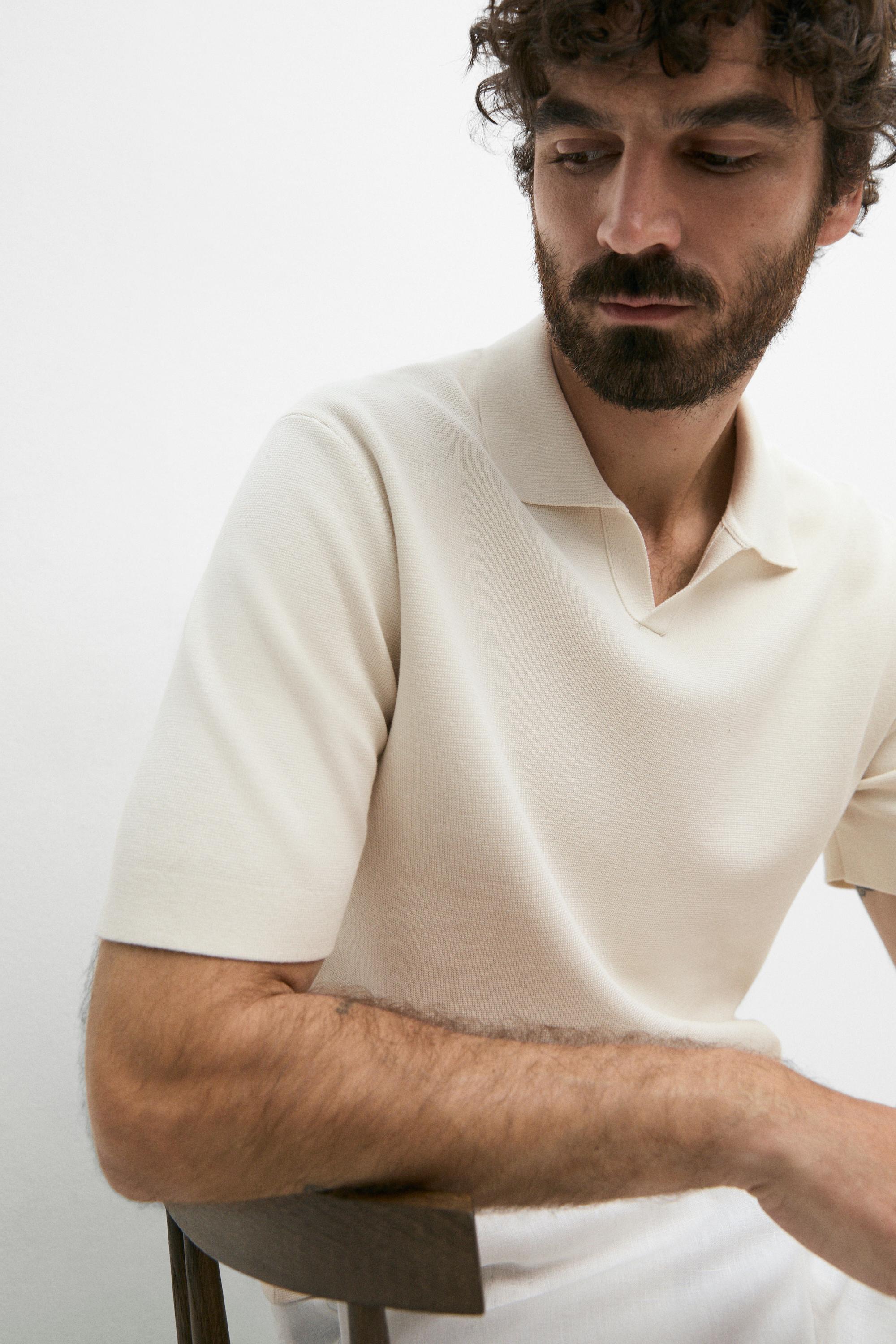 Flowing cotton blend knit polo shirt — CREAM