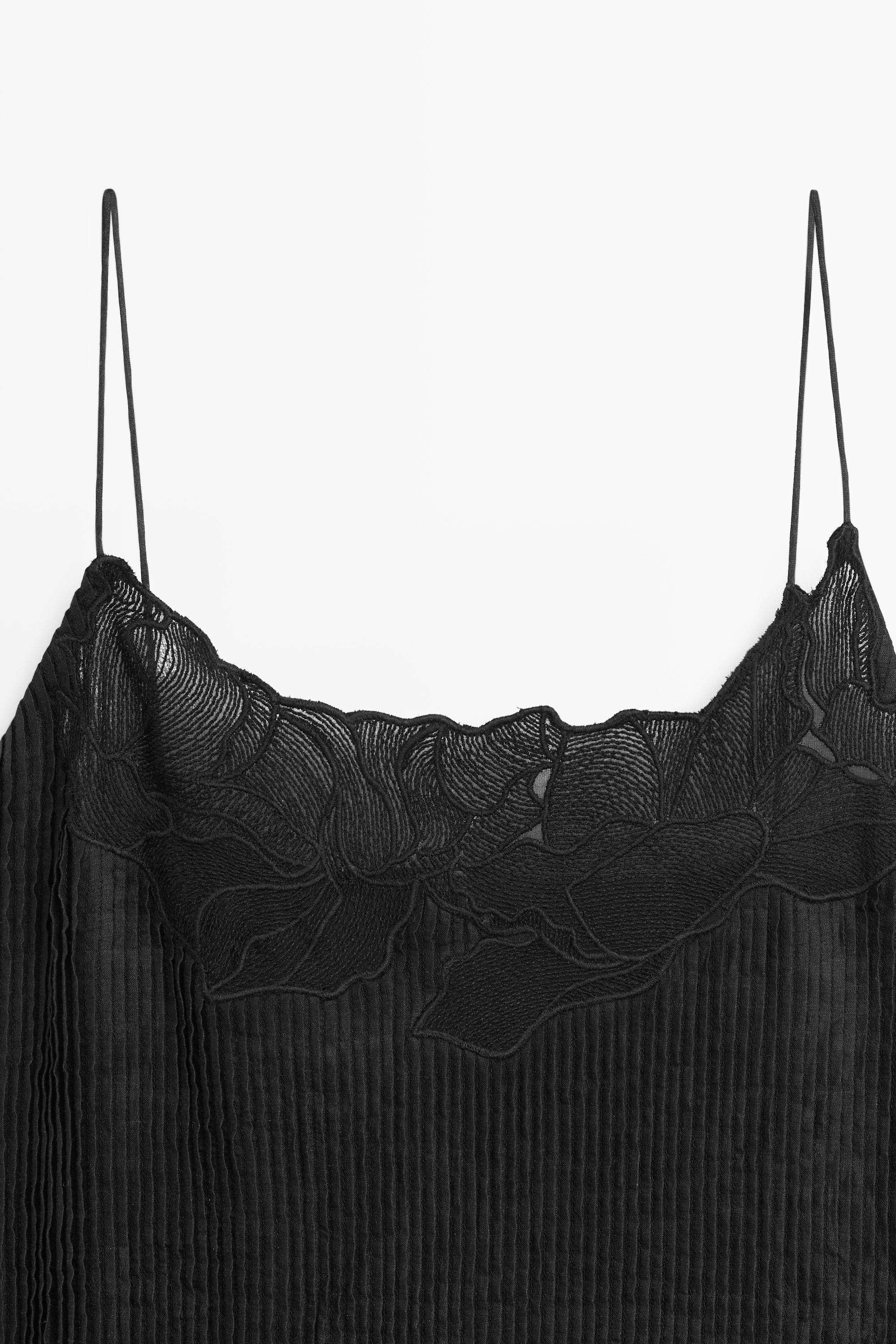 Flowing embroidered midi dress with pintuck detail — BLACK