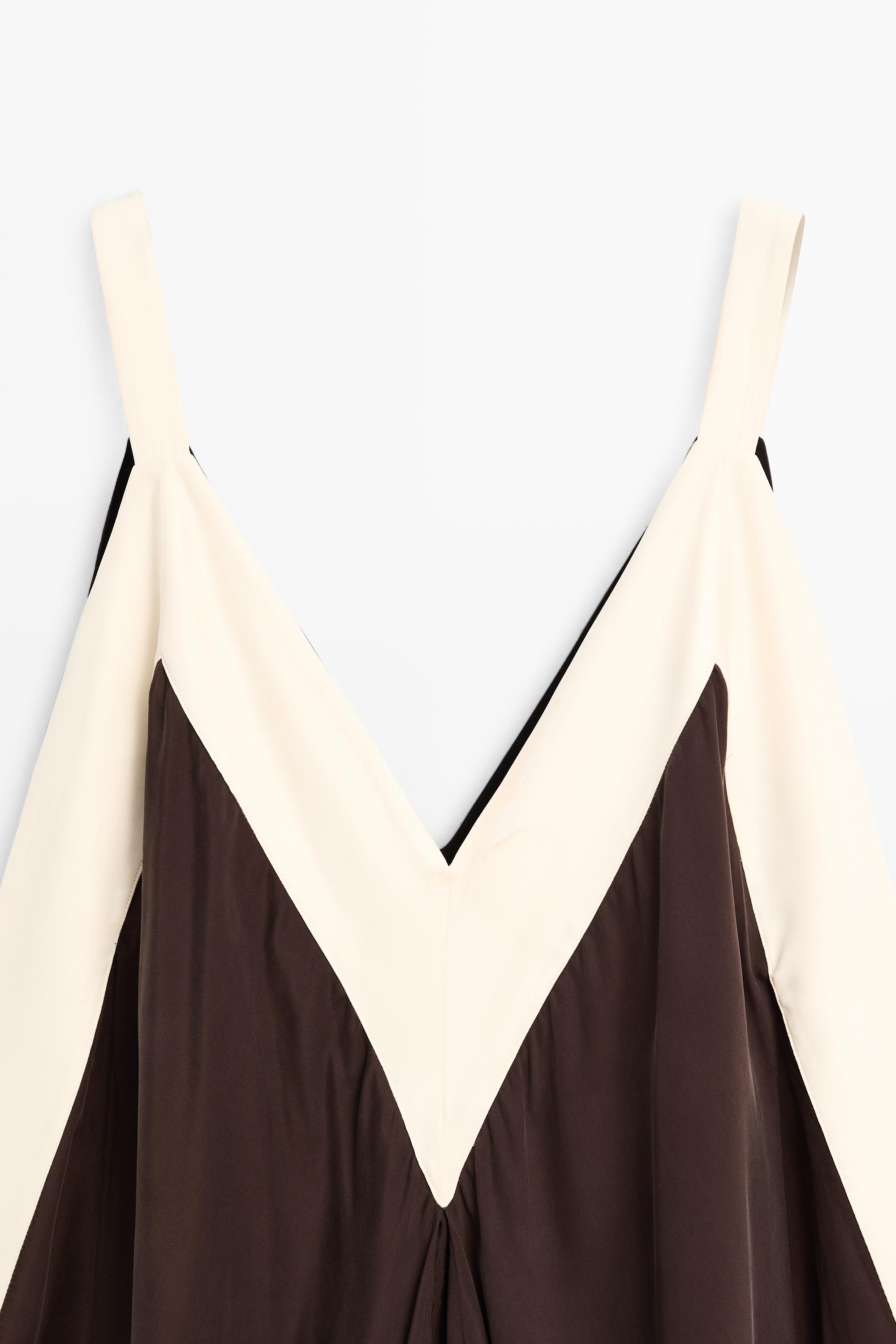 Flowing midi dress with contrast trim detail — BROWN
