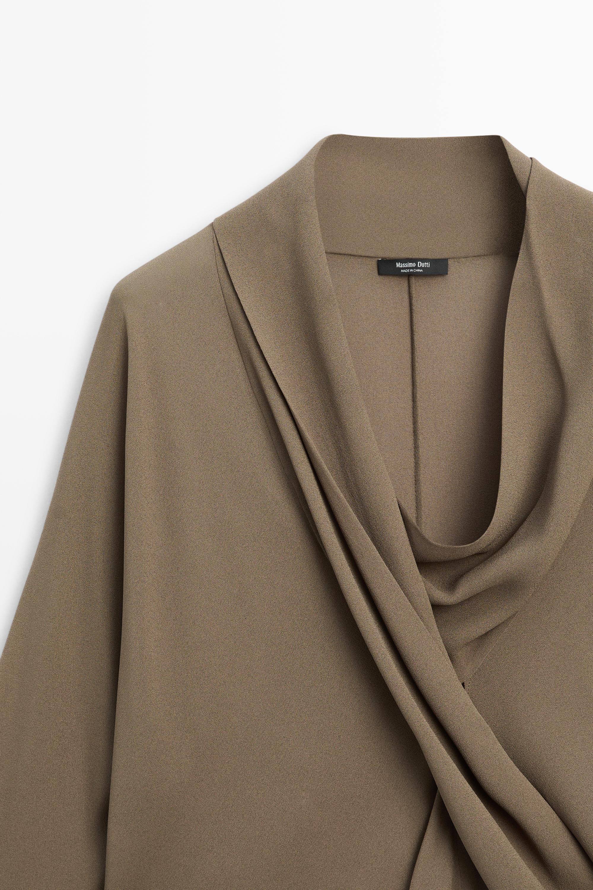 Flowy surplice draped neckline shirt — DARK KHAKI