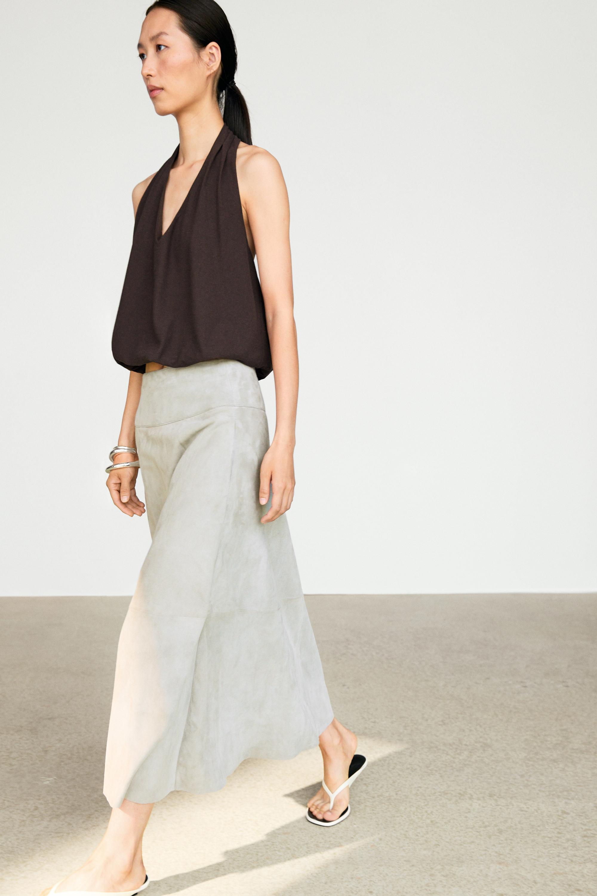 Cotton halter top with elasticated hem — BROWN