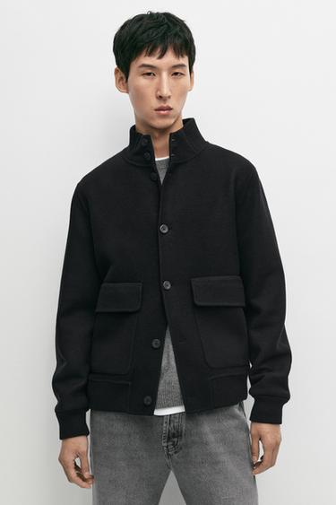 Wool blend pocket detail bomber jacket — DEEP BLUE 3