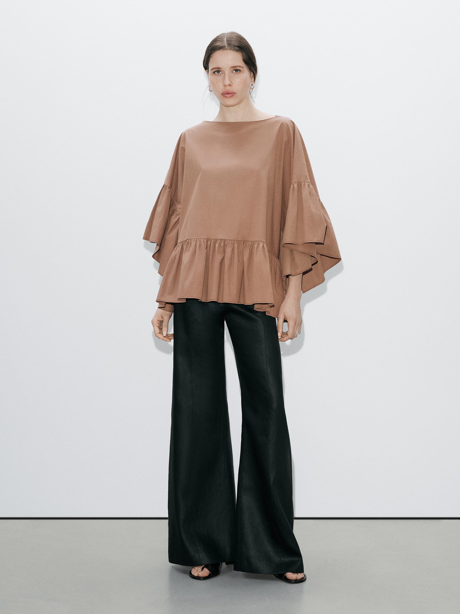 Szeroka Koszula Z Ozdobnymi Falbanami − Studio - Beżowy - M - Massimo Dutti - Kobieta