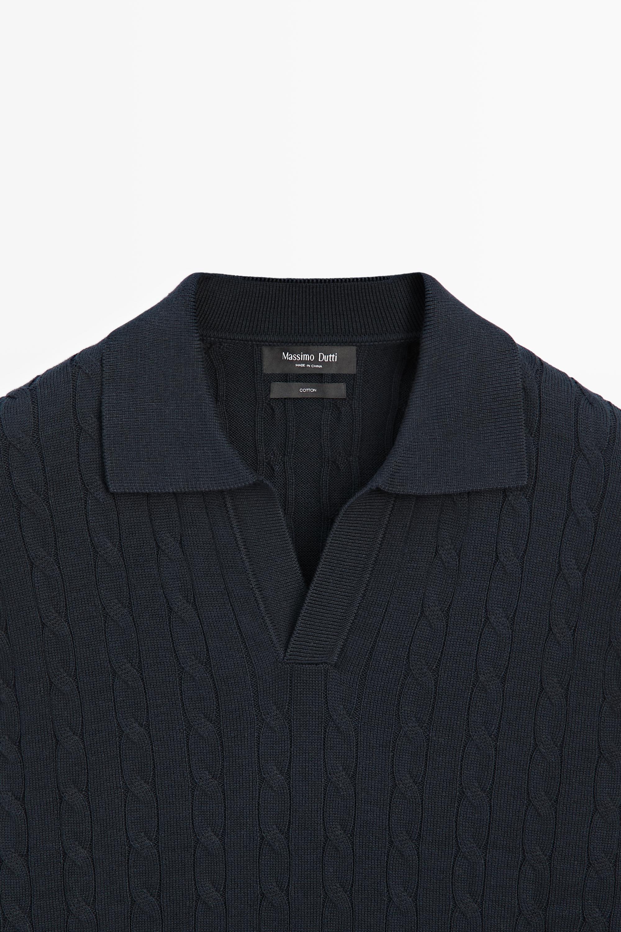 100% Cotton Cable-Knit Polo Sweater — NAVY BLUE