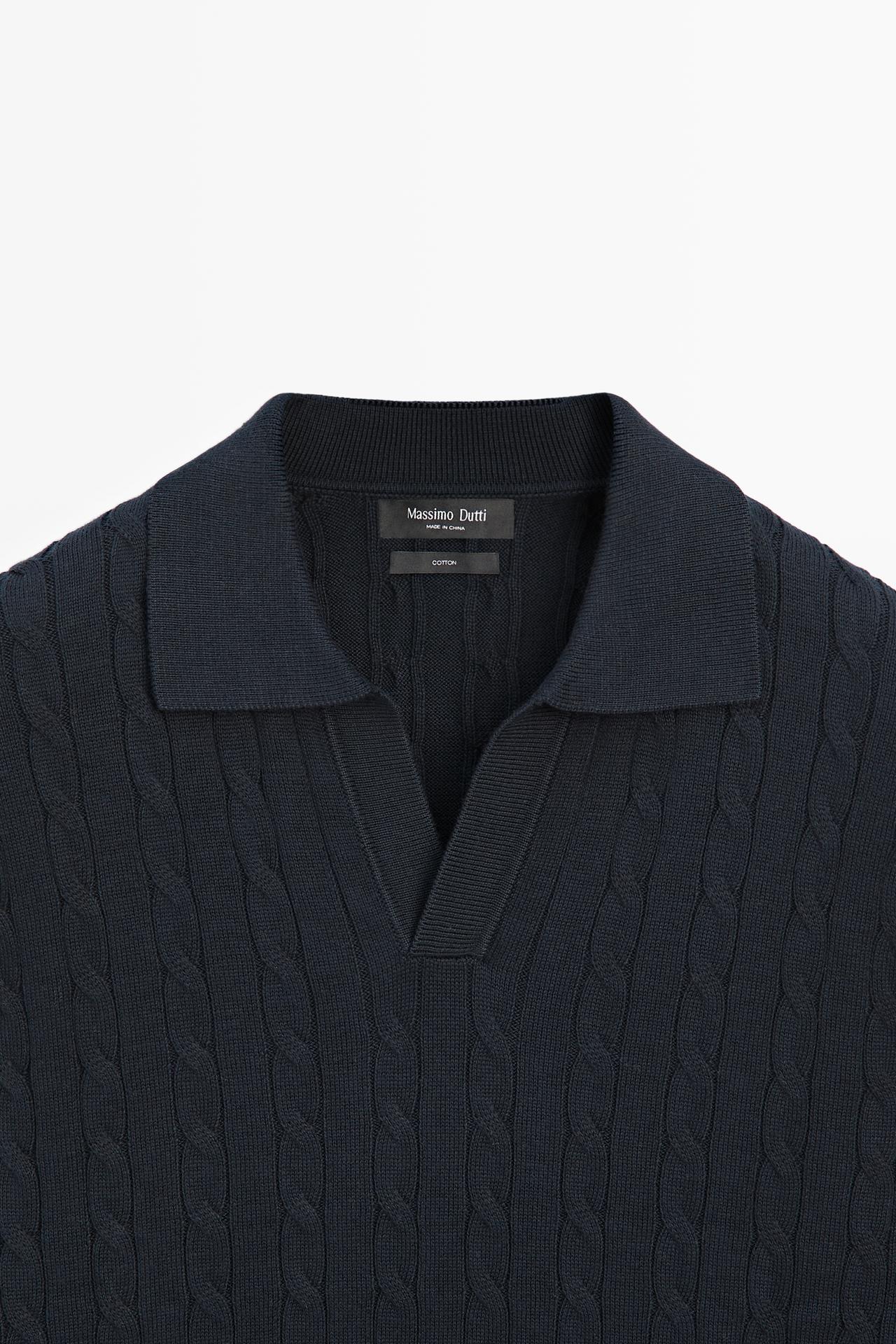 100% Cotton Cable-Knit Polo Sweater — NAVY BLUE