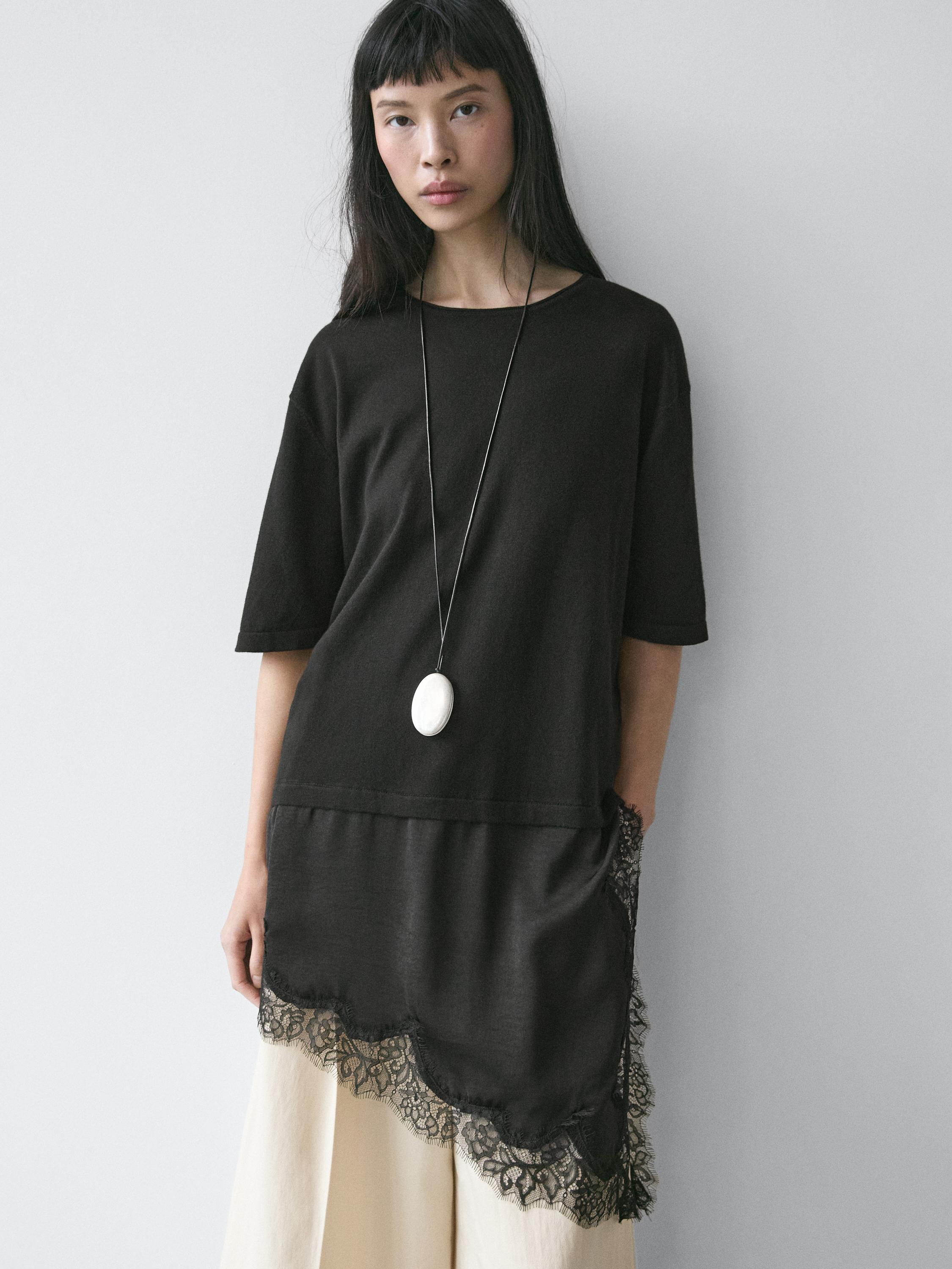 Sweater with contrast lace detail — BLACK