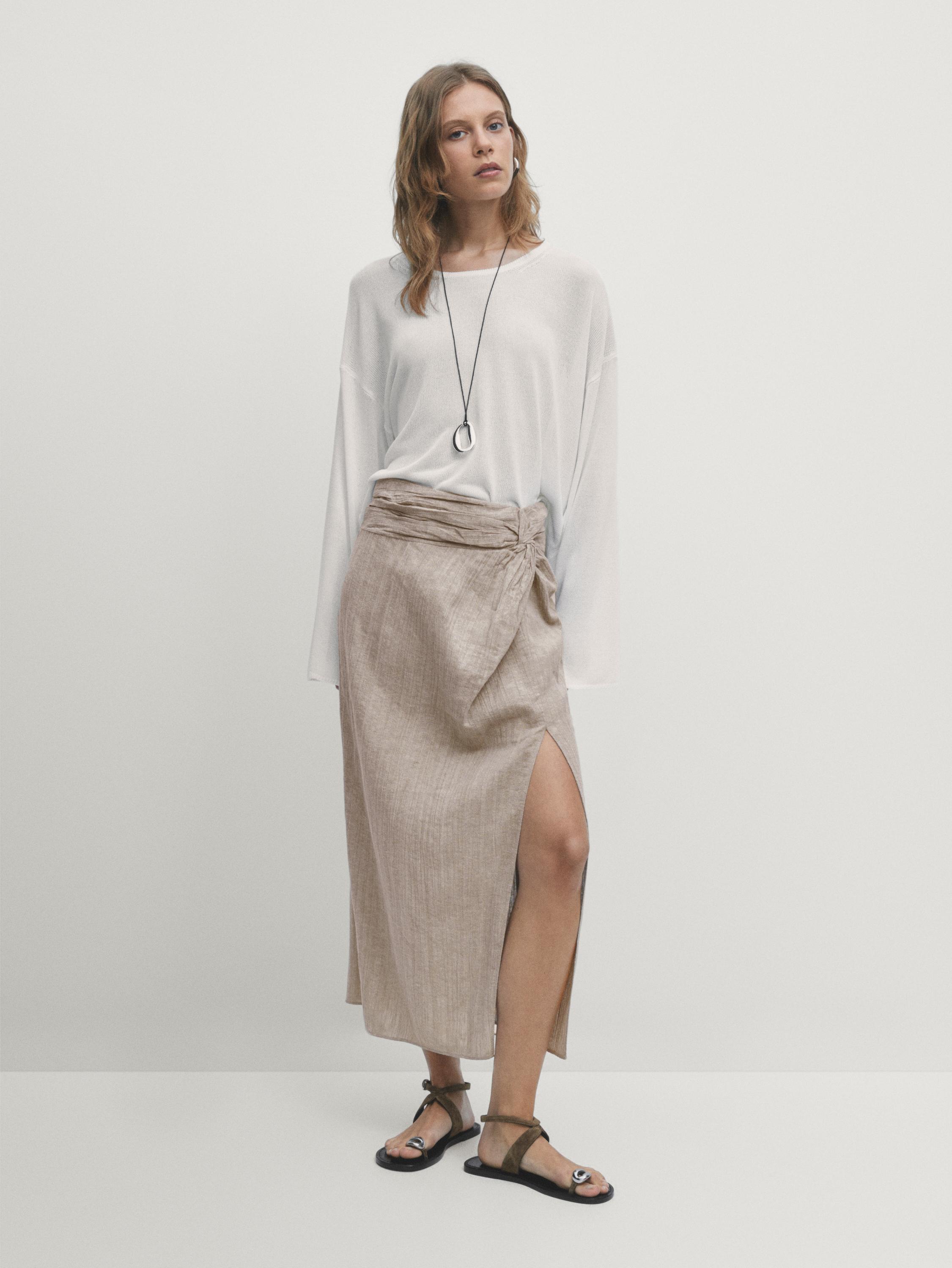 Linen blend midi skirt with slit detail
