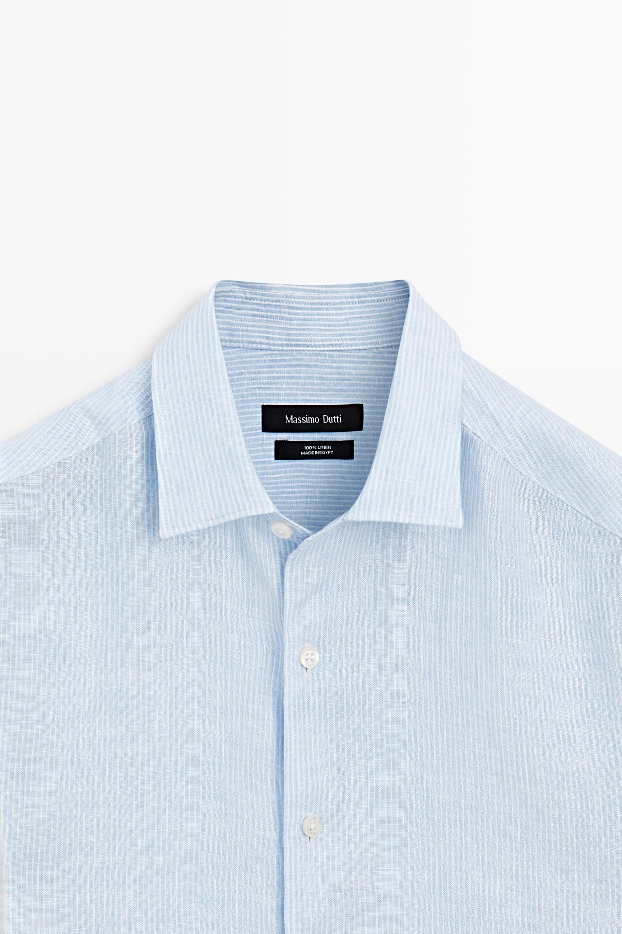 Regular fit striped melange linen shirt — SKY BLUE