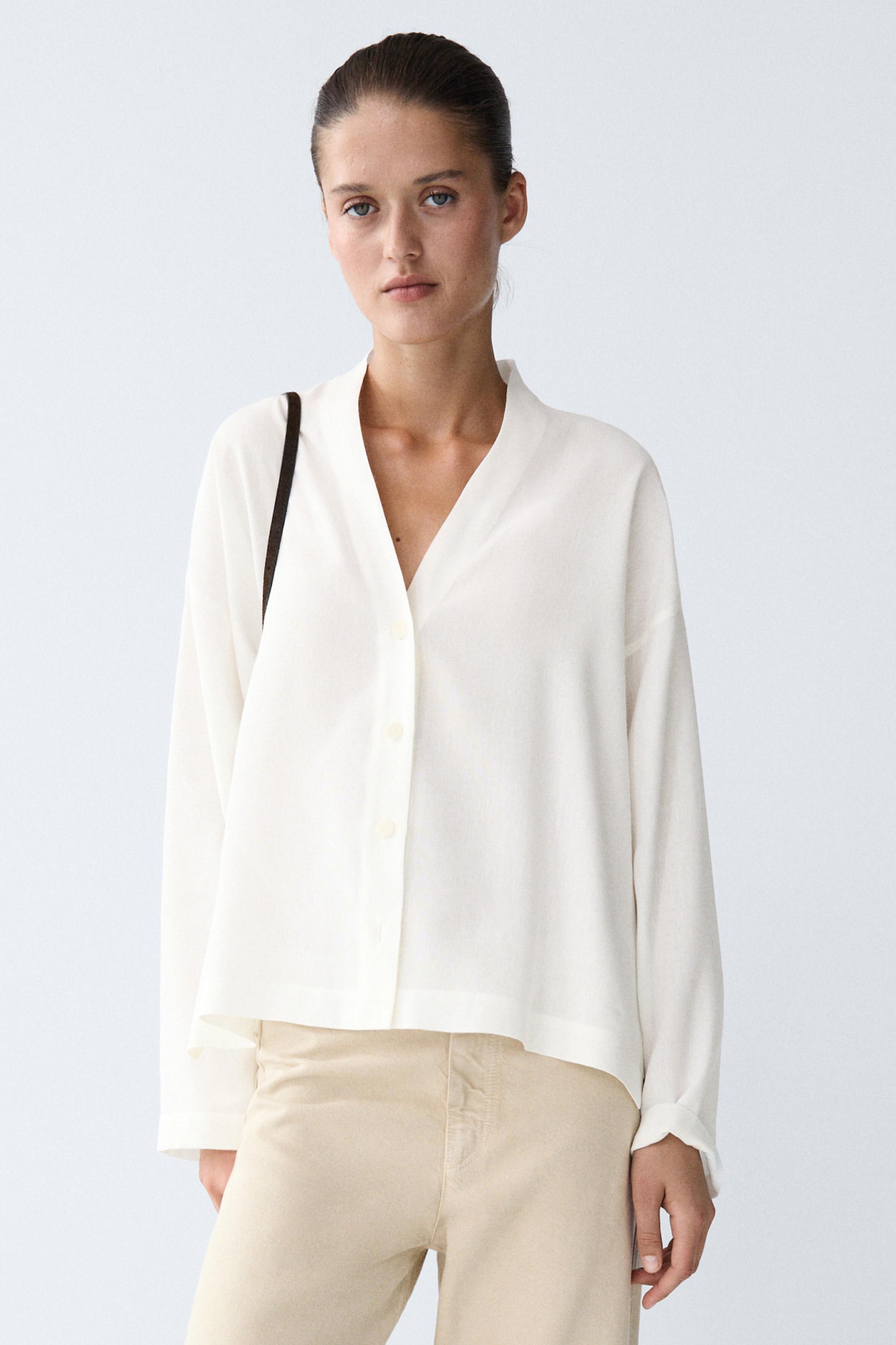 Flowing linen-blend V-neck shirt — WHITE