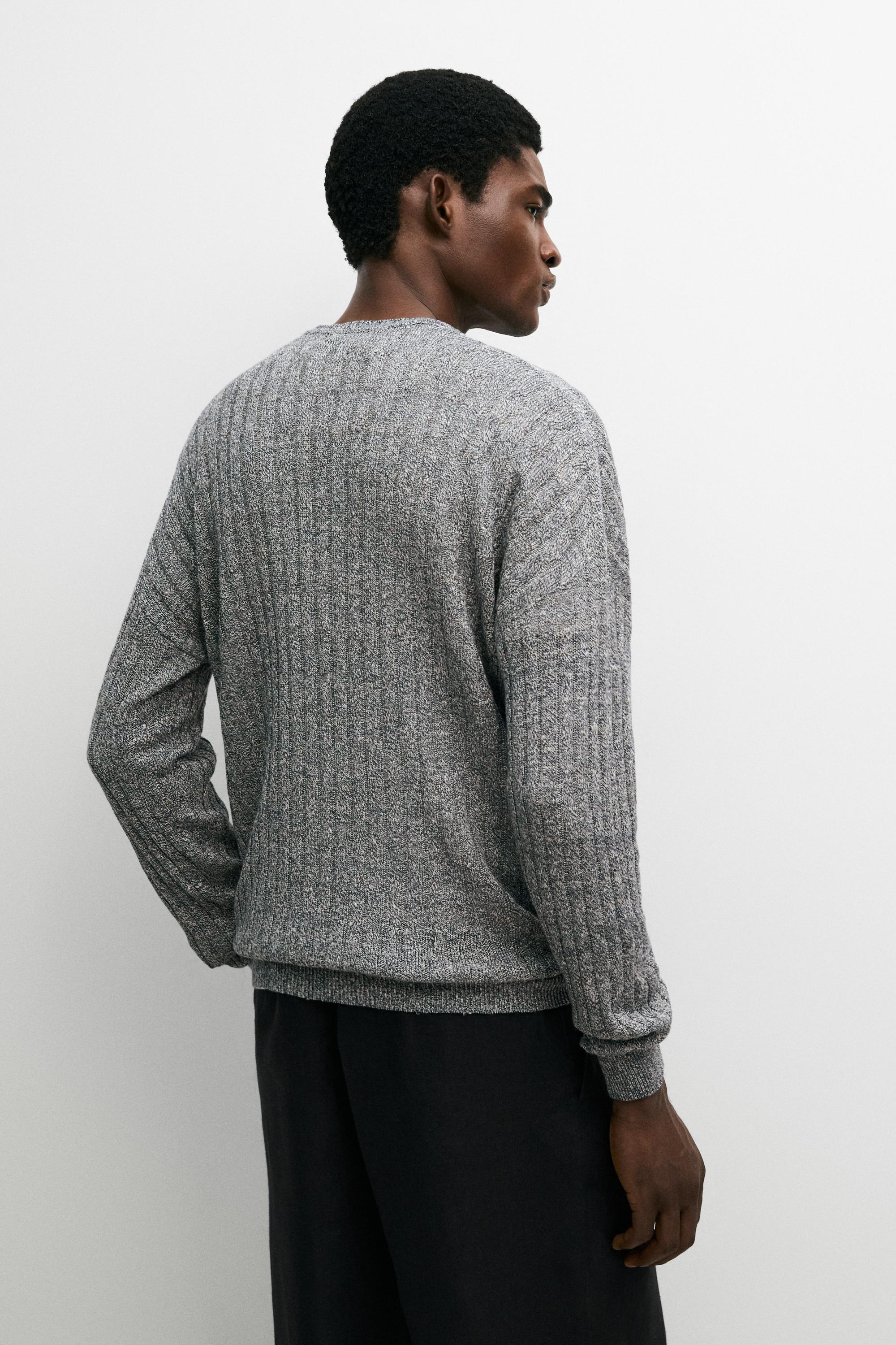 Linen cotton mouliné knit sweater — NAVY BLUE