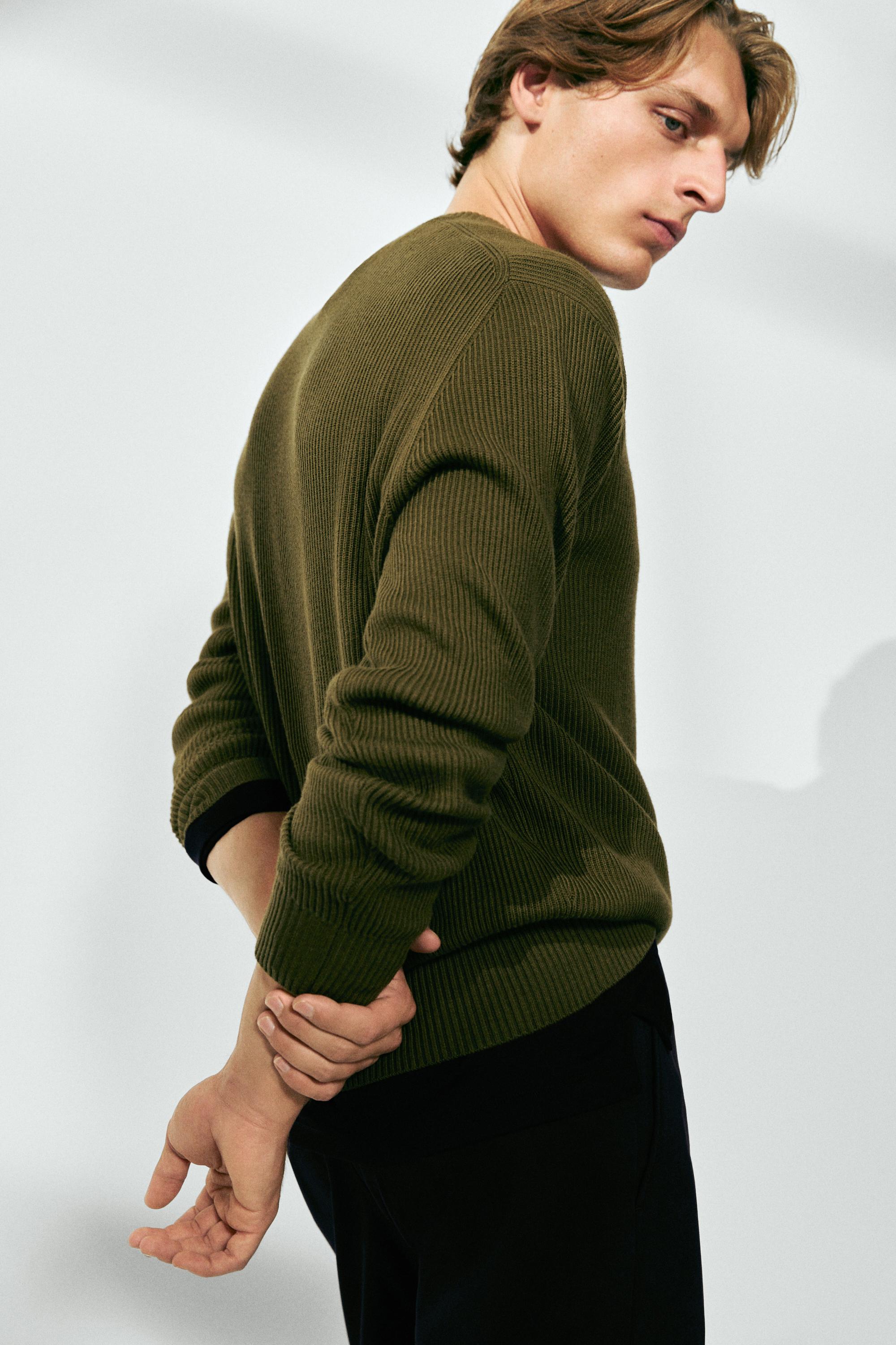 Cotton blend ribbed knit sweater — KHAKI