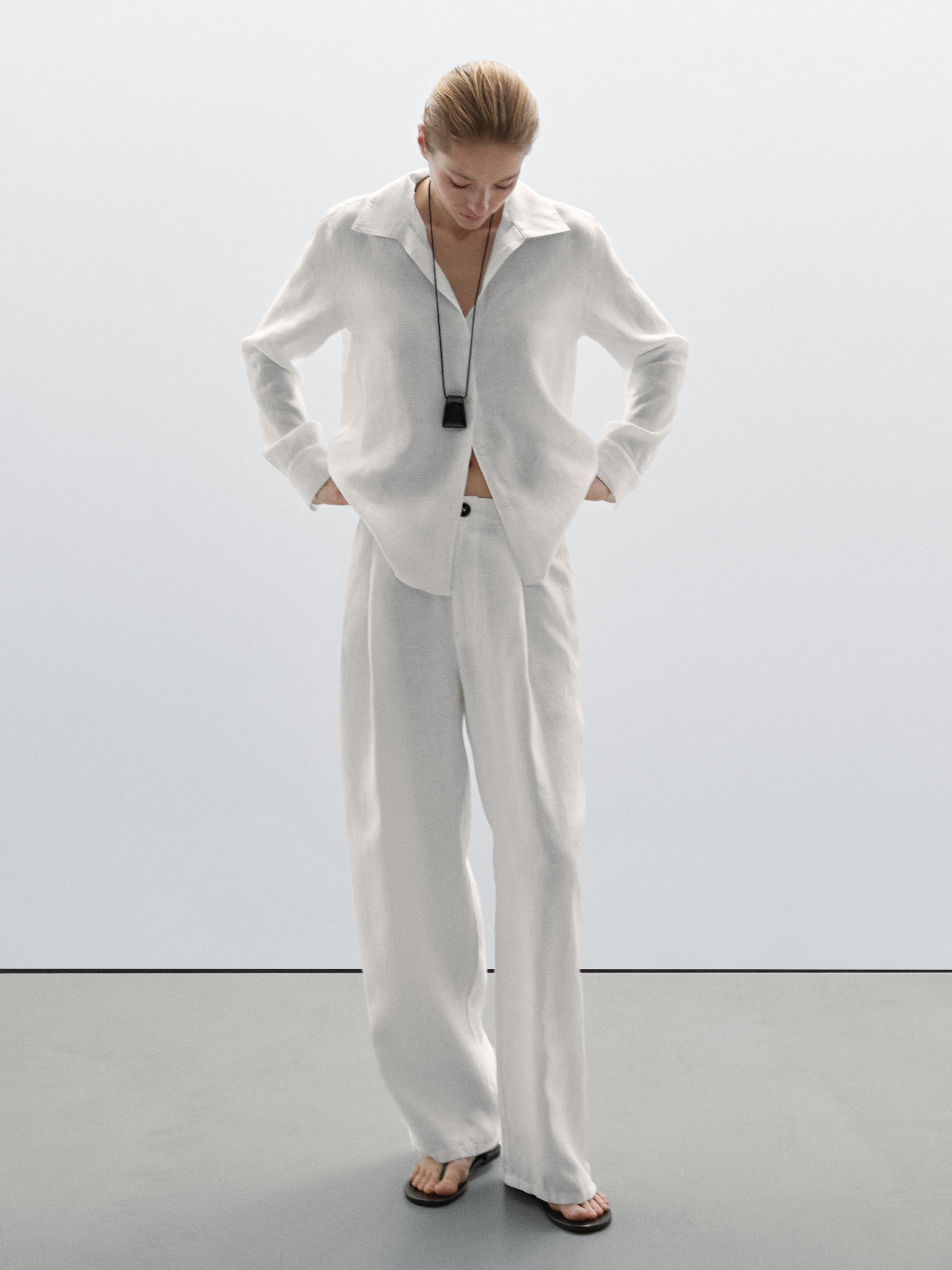 100% linen wide-leg mid-rise trousers