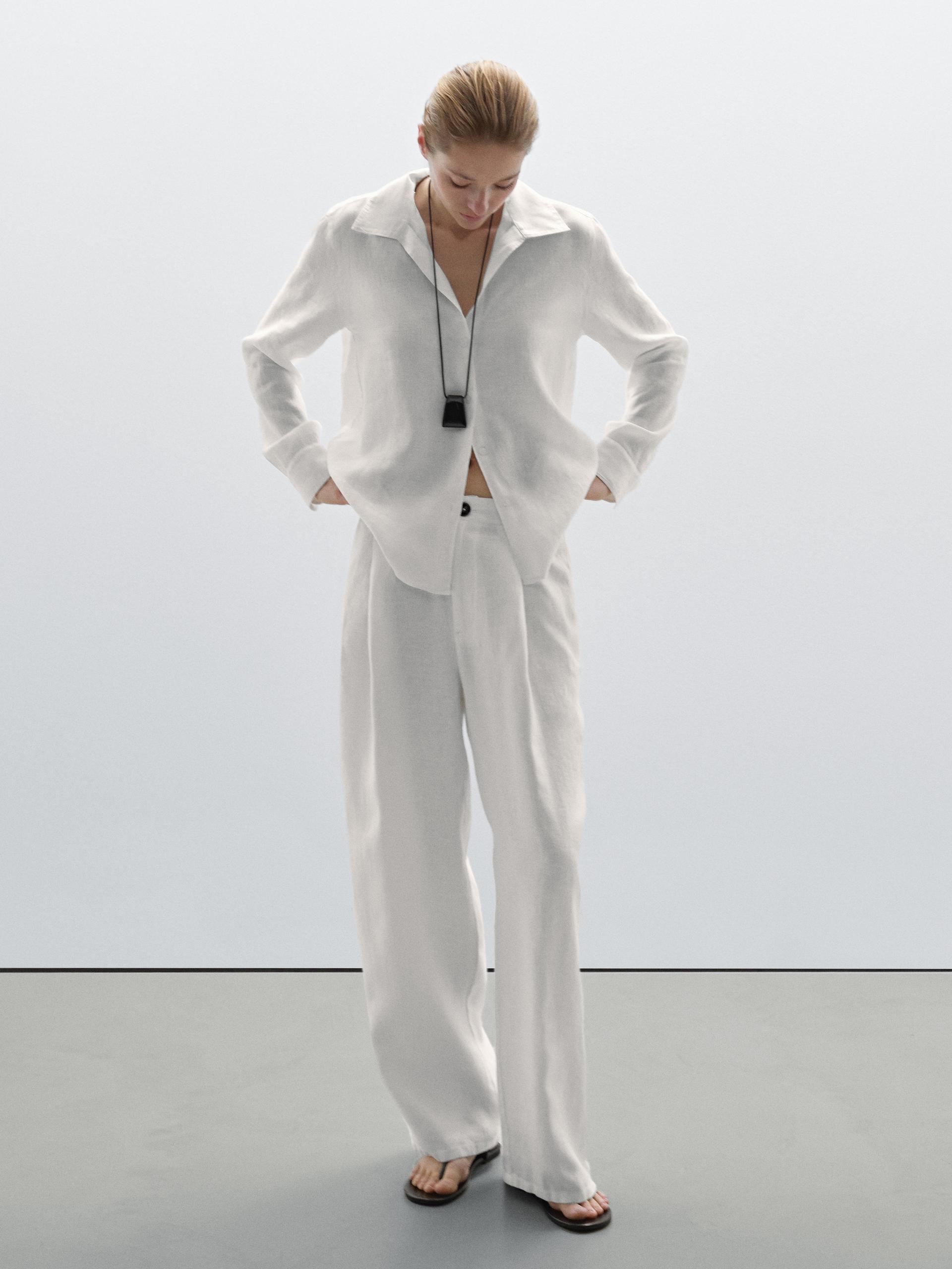 Lniane Spodnie Z Szerokimi Nogawkami I Średnim Stanem - Biały - 40 - Massimo Dutti - Kobieta