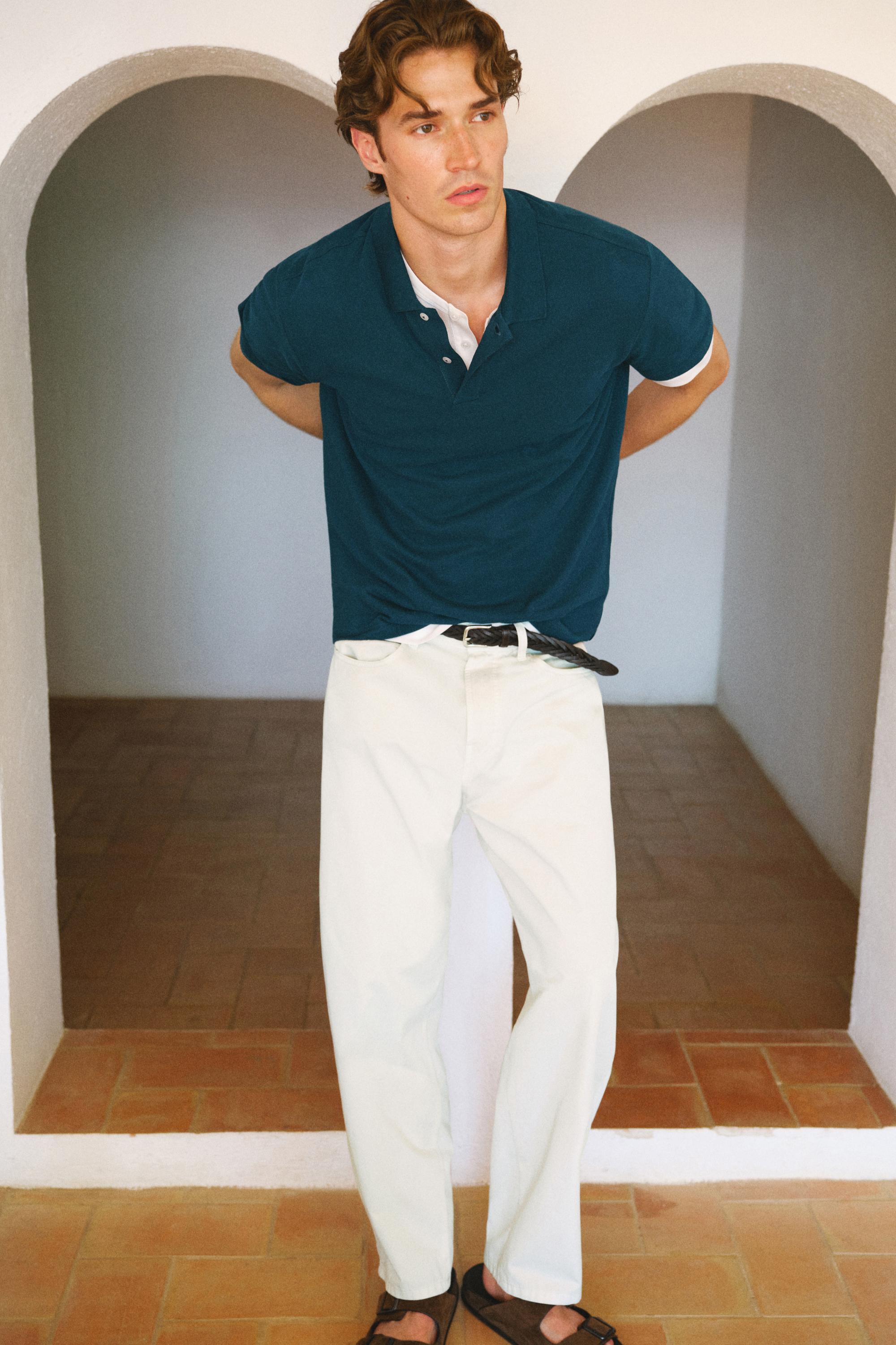 Micro-textured cotton piqué polo shirt — GREENISH BLUE