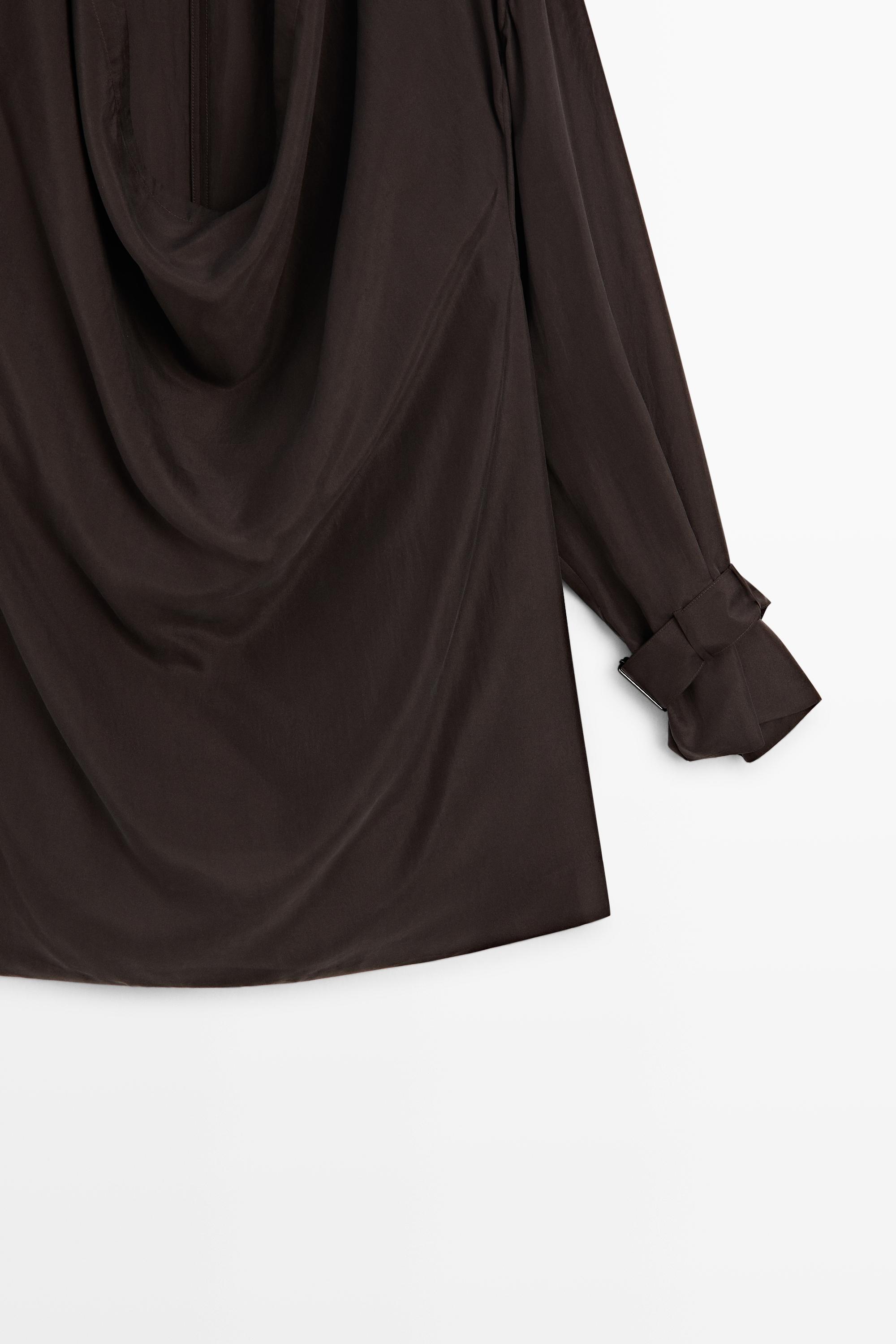 100% Silk Draped Neckline Flowy Shirt — BROWN