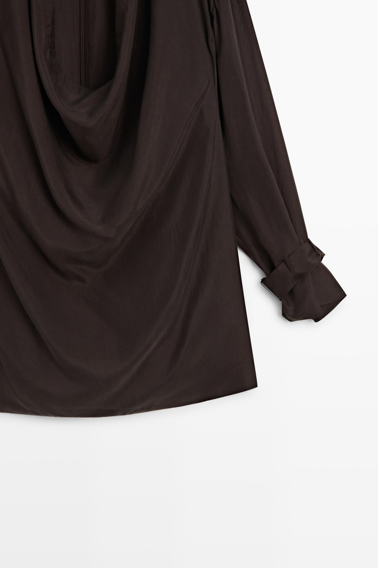 100% silk flowing blouse with draped neckline — BROWN