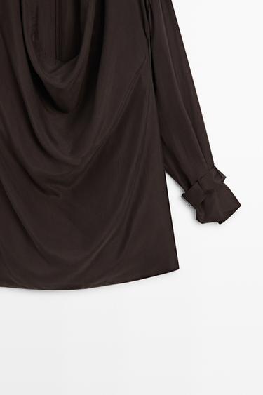 100% silk flowing blouse with draped neckline — BROWN 7