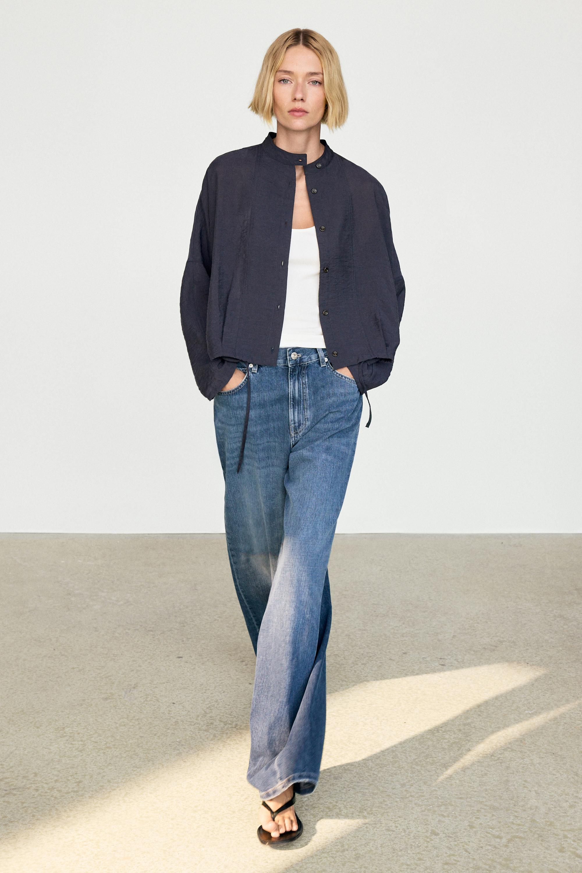 Stand collar bomber jacket with button details — MEDIUM BLUE
