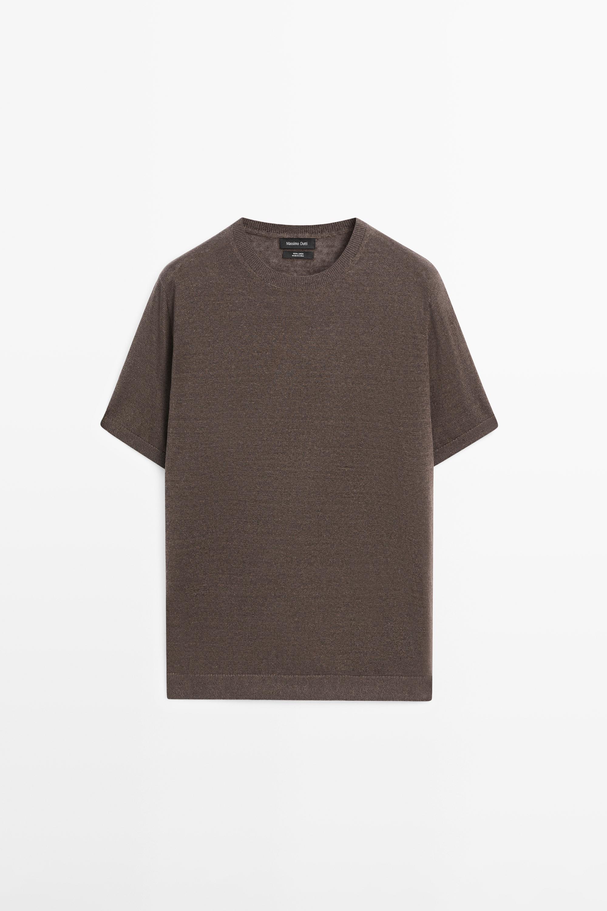 Lightweight 100% linen knit T-shirt — BROWN