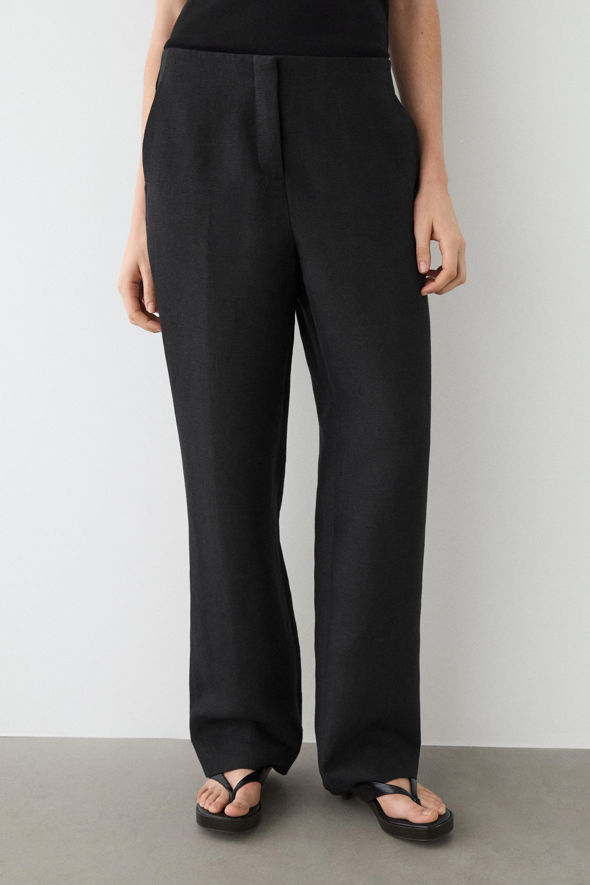 Flowing straight-leg linen trousers — BLACK