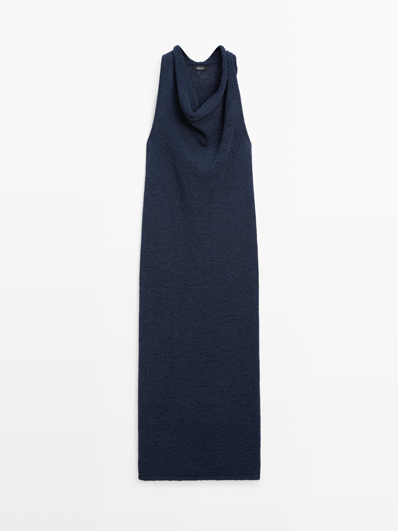 Massimo Dutti - Dames - Gebreide Midi-Jurk Met Gedrapeerde Halslijn - Donkerblauw - S