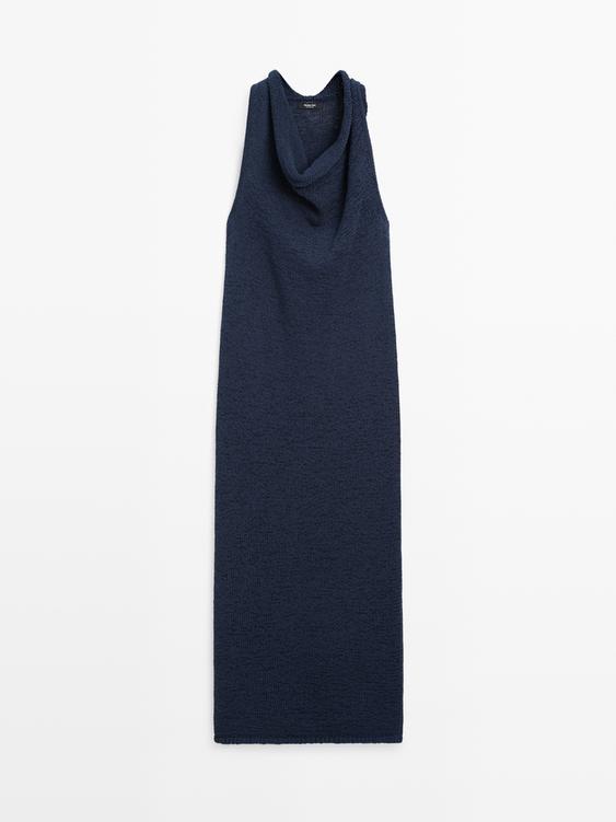 Drape yaka triko midi elbise
