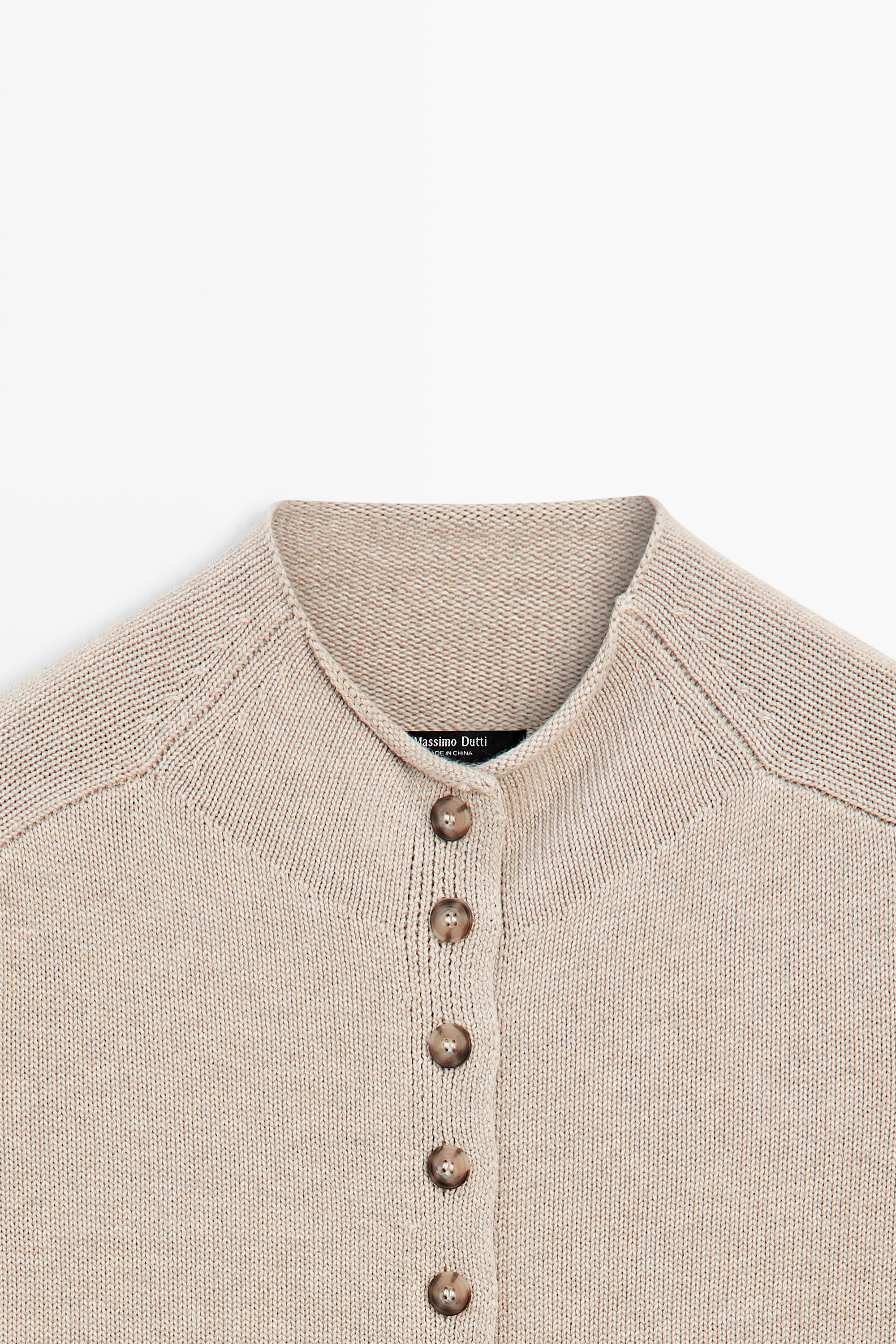 Cotton funnel neck knit cardigan — STONE
