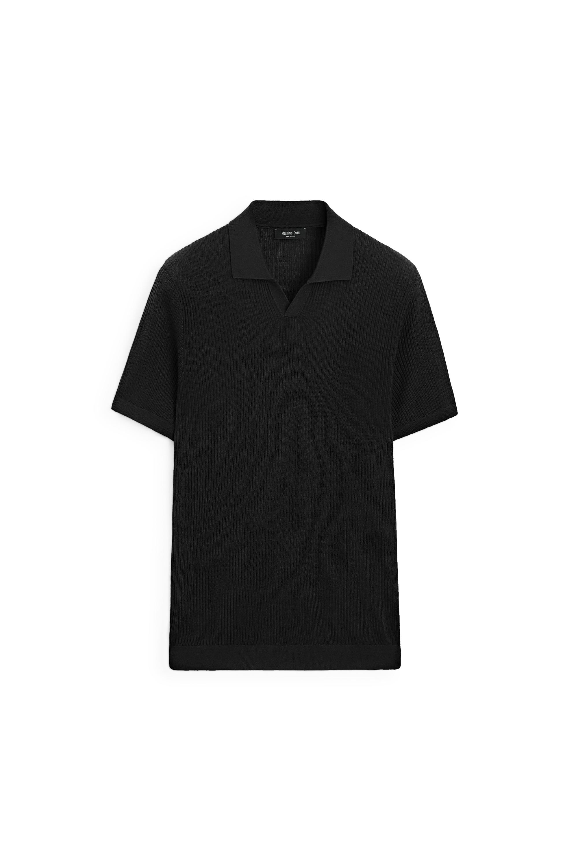 Wool blend short sleeve knit polo — BLACK