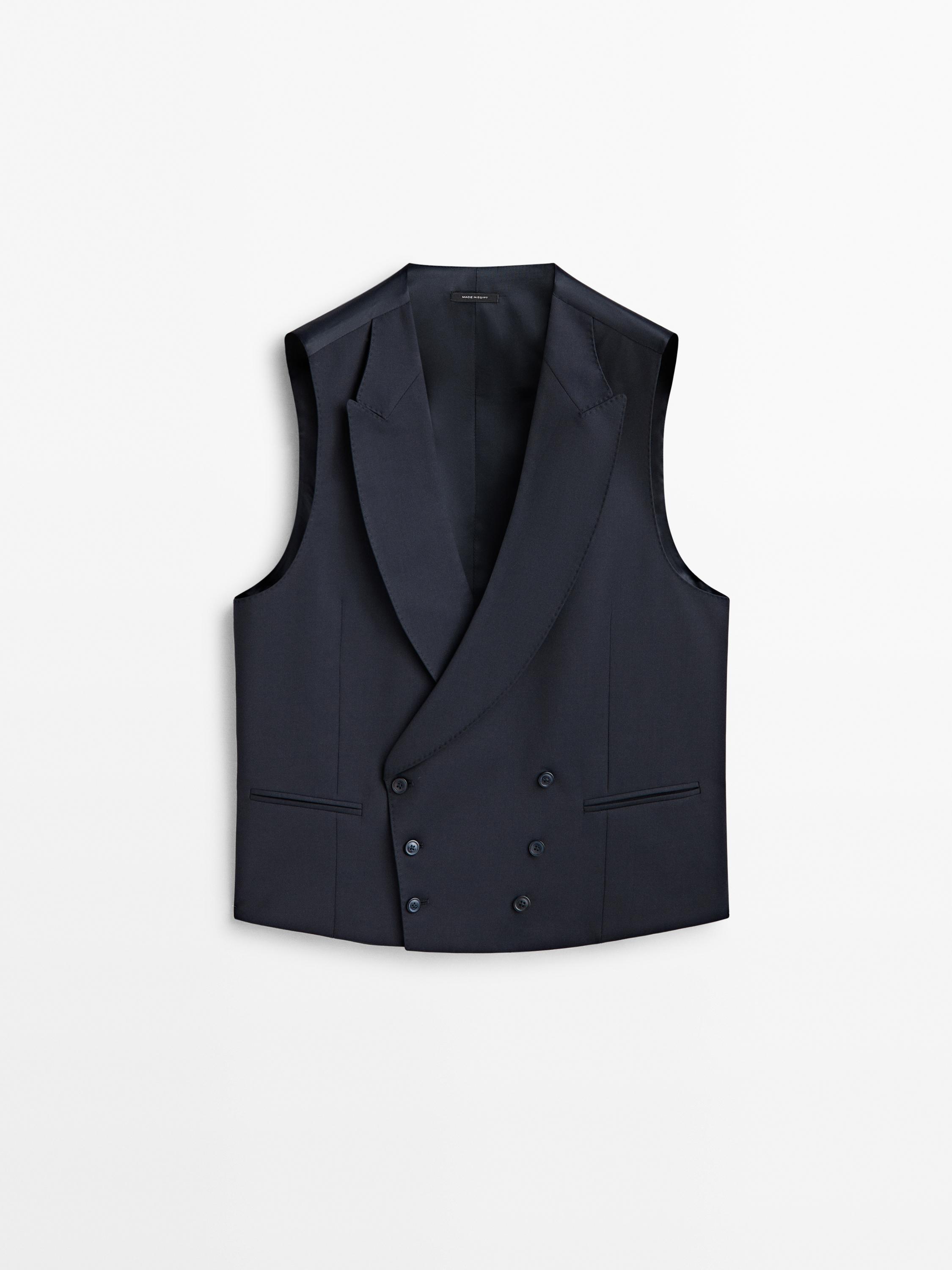 Gilet de costume uni bleu en laine mélangée