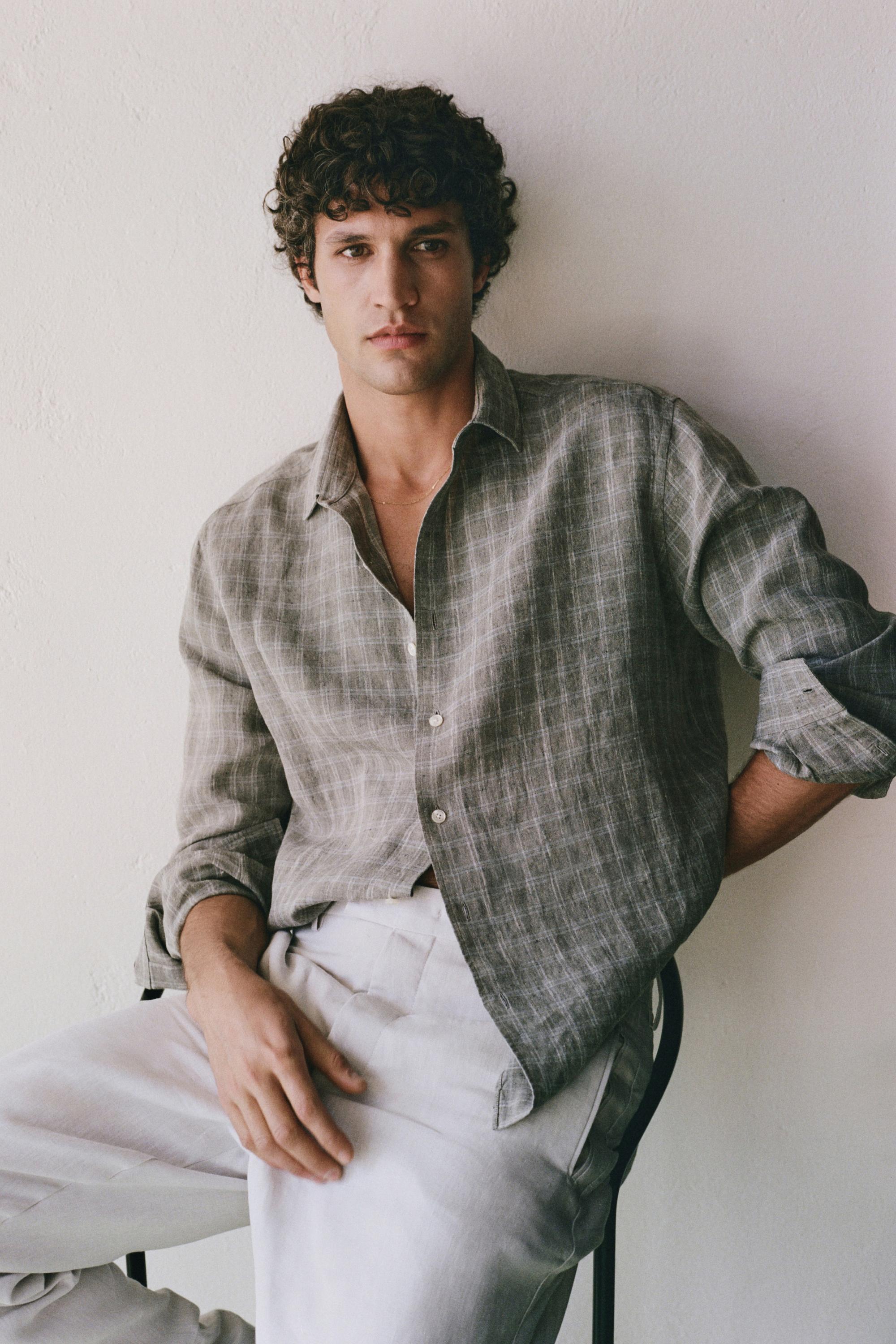 100% linen check shirt — GREY