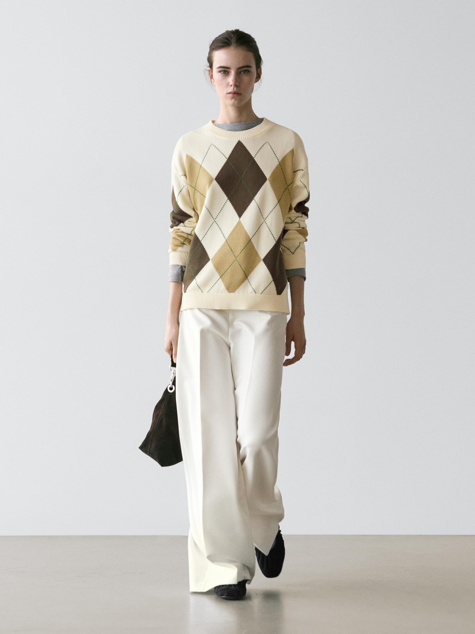 Maglia In Cotone Con Dettaglio A Rombi - Ecru - S - Massimo Dutti - Femminile