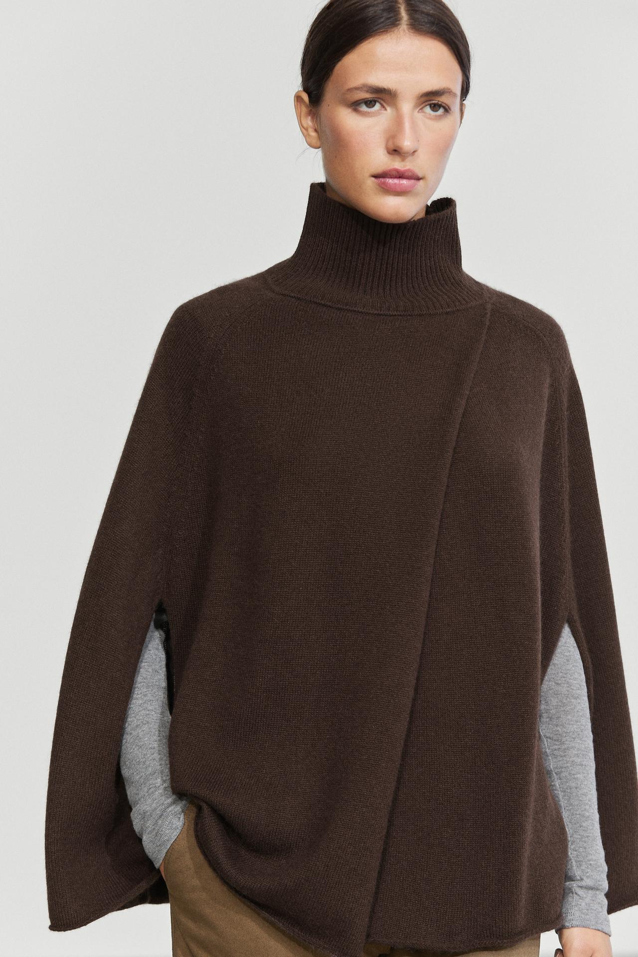 100% cashmere knit cape with wrap detail — BROWN