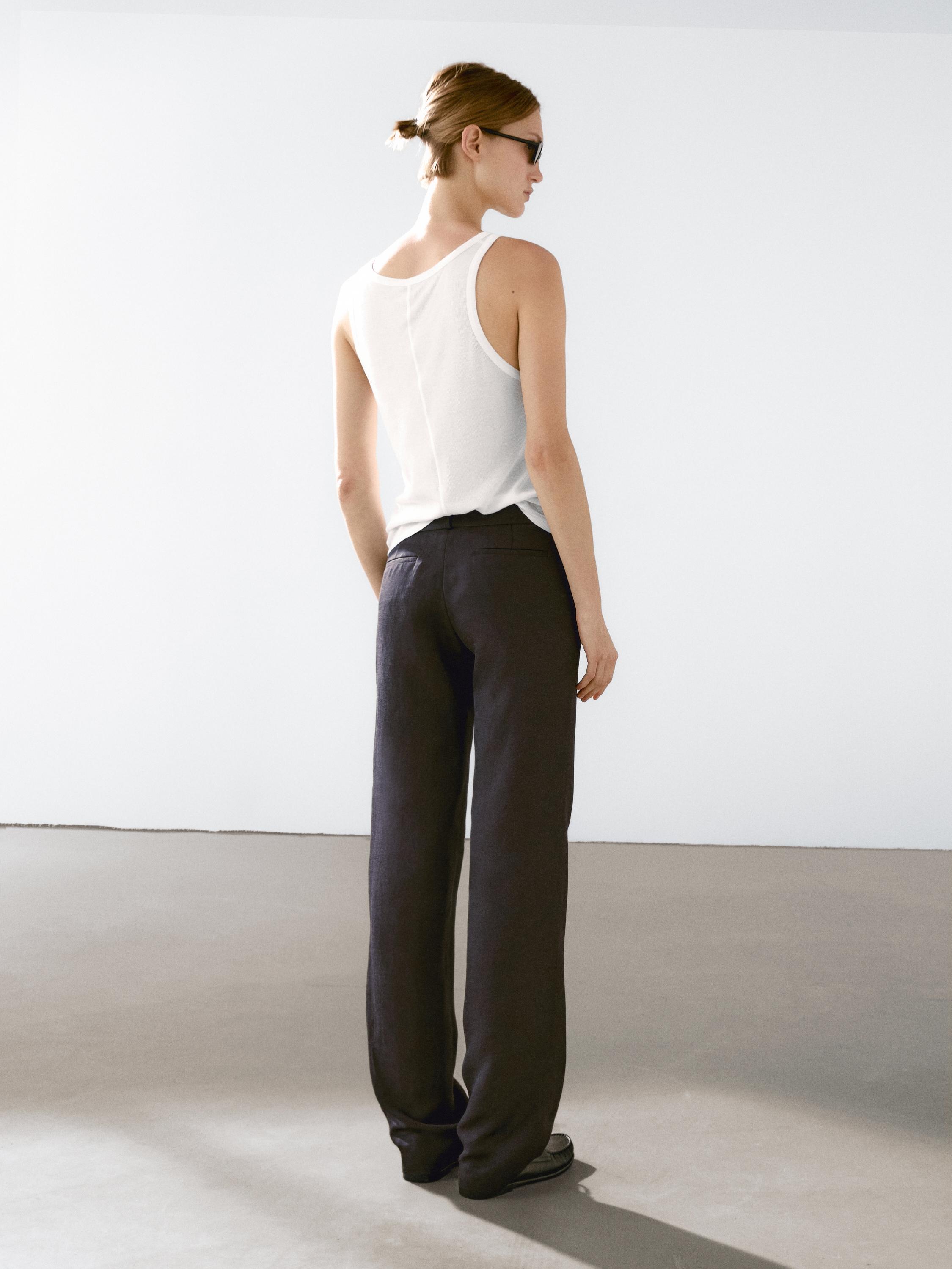 Straight fit linen blend trousers