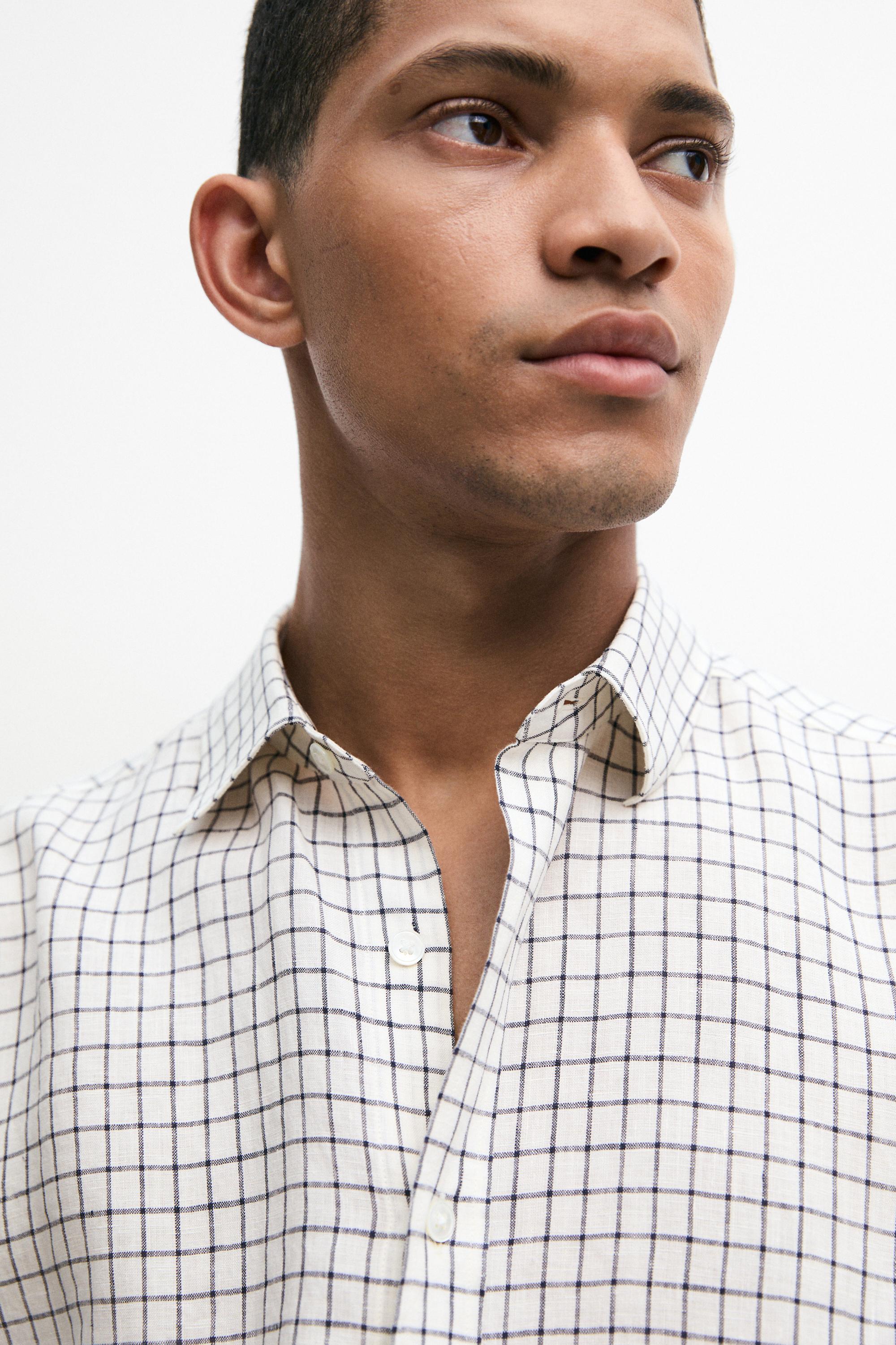 100% linen regular-fit check shirt — BLUE