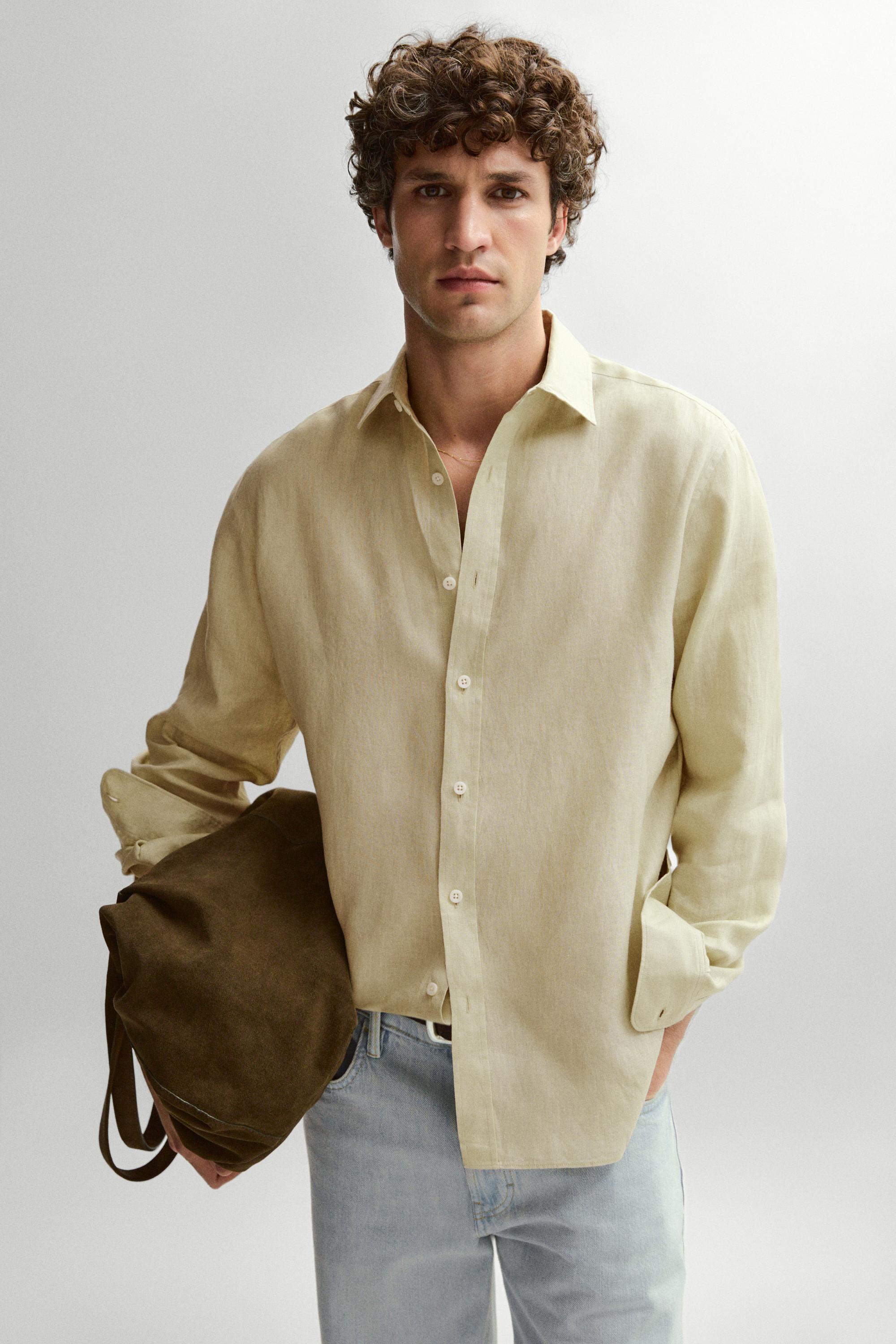 Slim fit 100% linen shirt — PALE GREEN