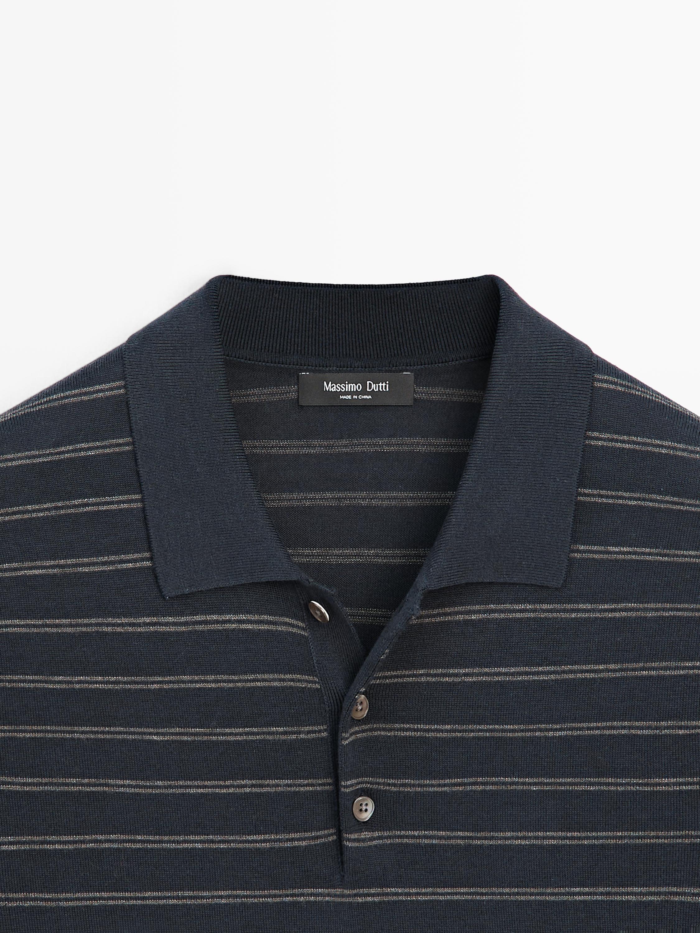 Cotton blend knit polo shirt with striped detail — NAVY BLUE