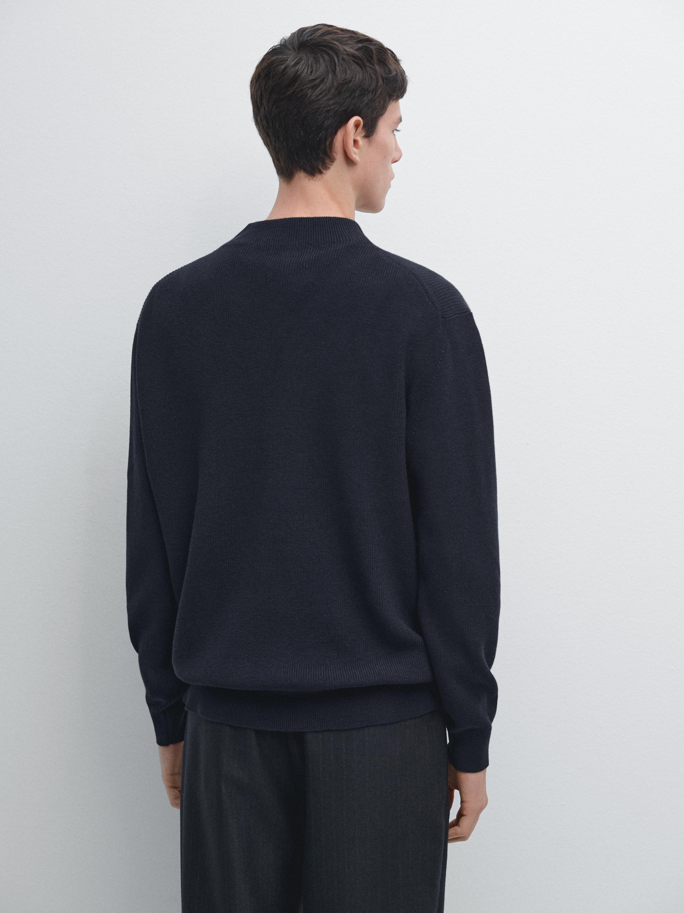 Cotton blend knit sweater with mock turtleneck — NAVY BLUE
